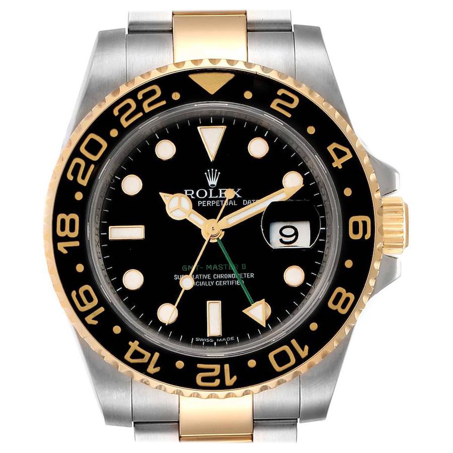 Rolex GMT Master II Yellow Gold Steel Mens Watch 116713 Box Card For Sale