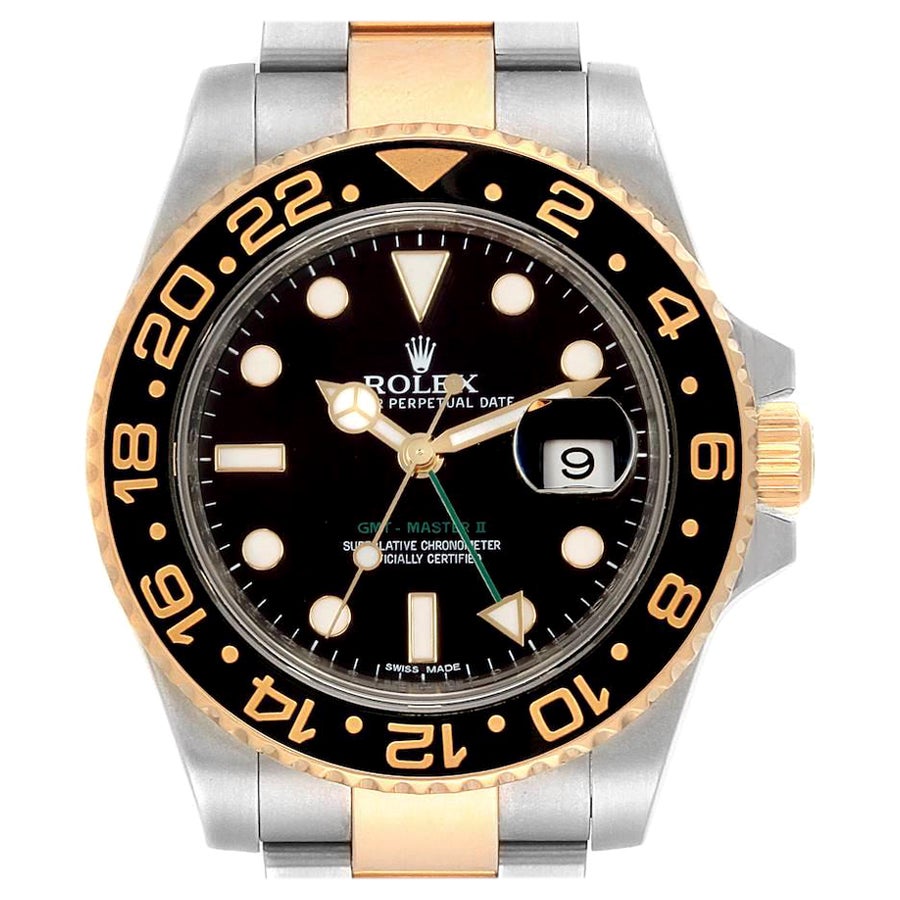 Rolex GMT Master II Yellow Gold Steel Mens Watch 116713 Box Card For Sale