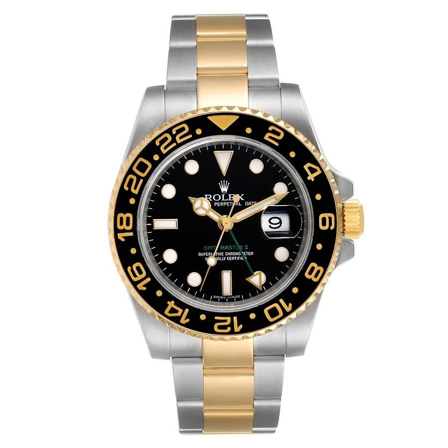 Rolex GMT Master II Yellow Gold Steel Mens Watch 116713. Officially certified chronometer self-winding movement. Stainless steel case 40 mm in diameter. Rolex logo on a crown. 18k yellow gold bidirectional rotating bezel with a special 24-hour black