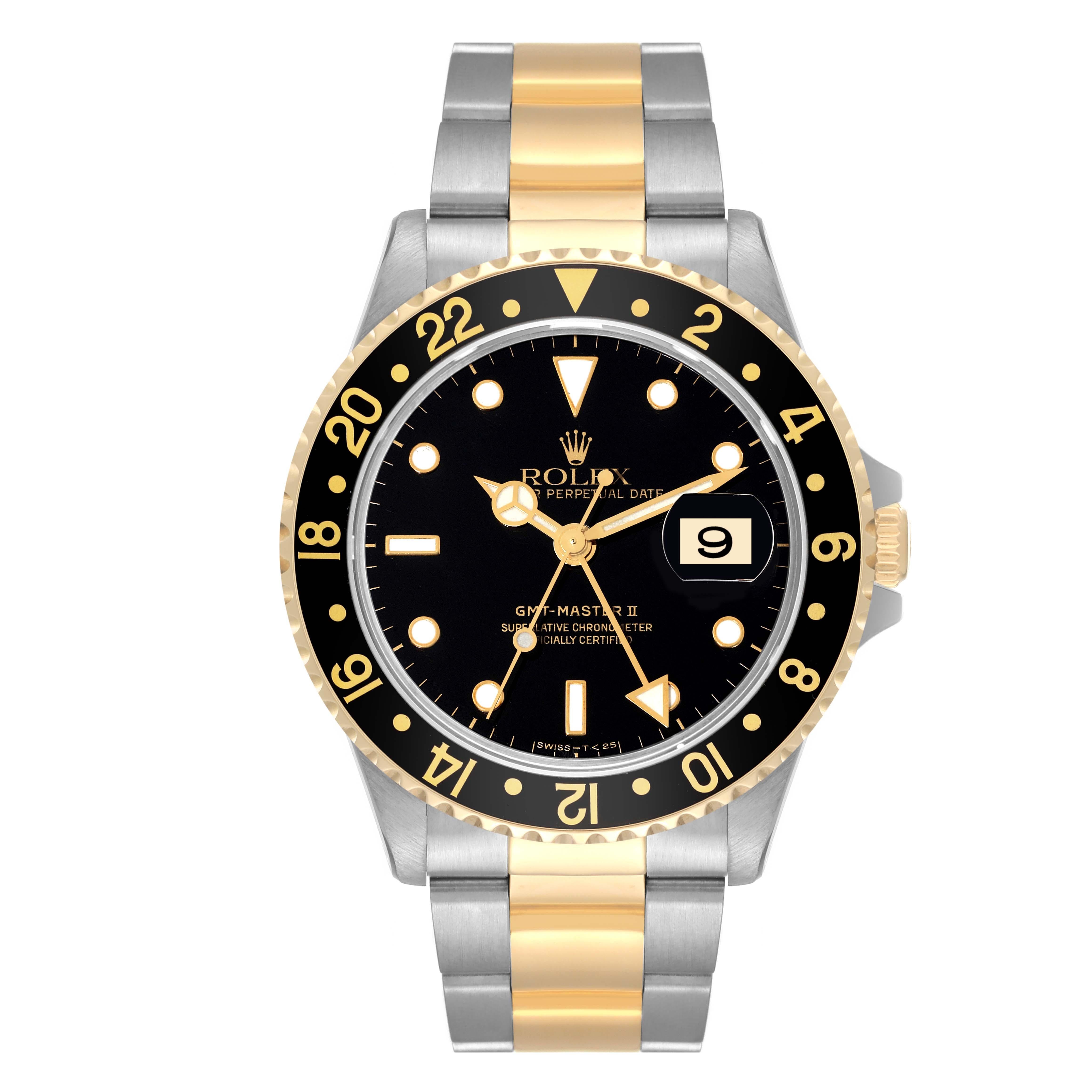 Rolex GMT Master II Yellow Gold Steel Oyster Bracelet Mens Watch 16713. Mouvement automatique à remontage automatique, officiellement certifié chronomètre. Boîtier en acier inoxydable de 40 mm de diamètre. Logo Rolex sur une couronne. Lunette