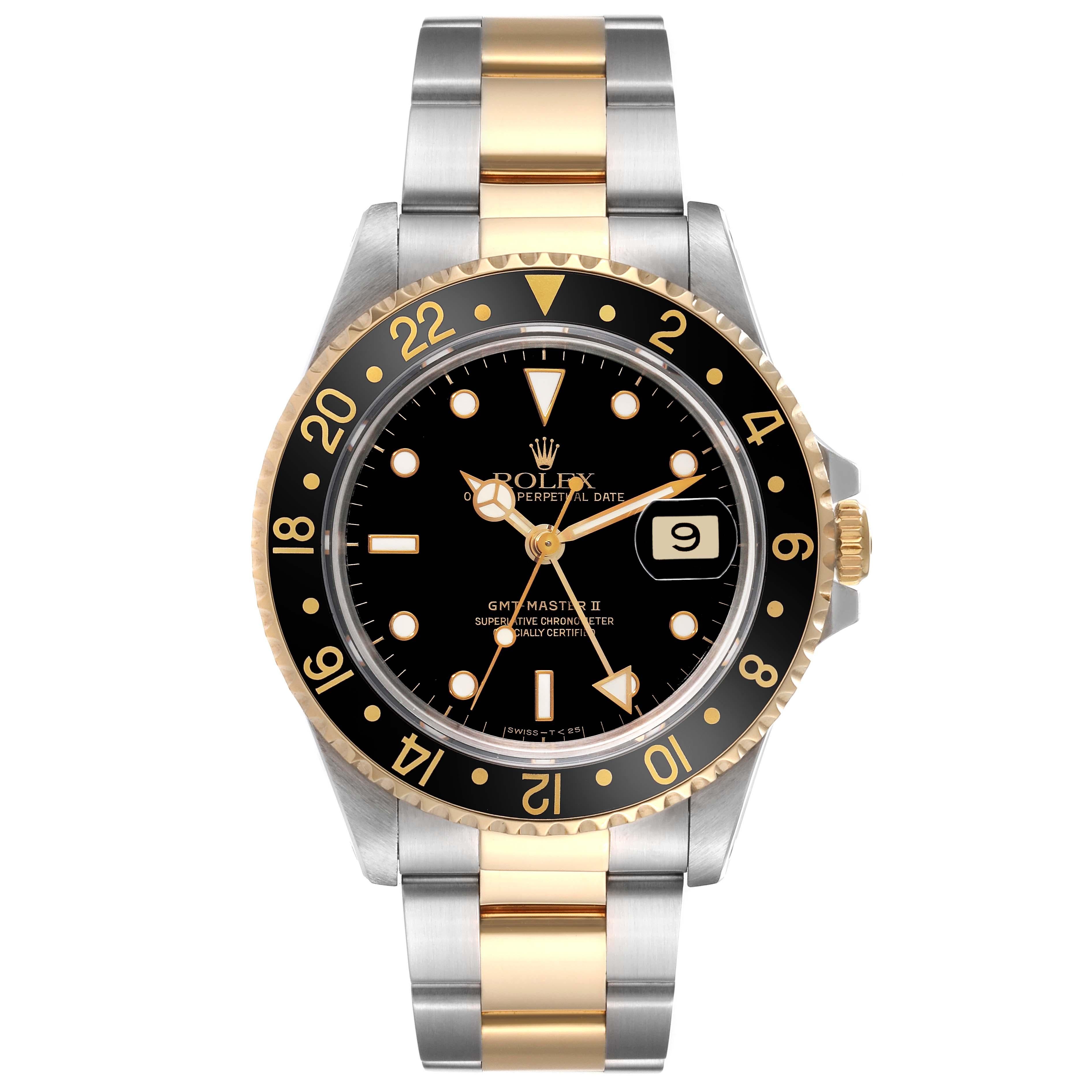 Rolex GMT Master II Yellow Gold Steel Oyster Bracelet Mens Watch 16713 In Excellent Condition For Sale In Atlanta, GA