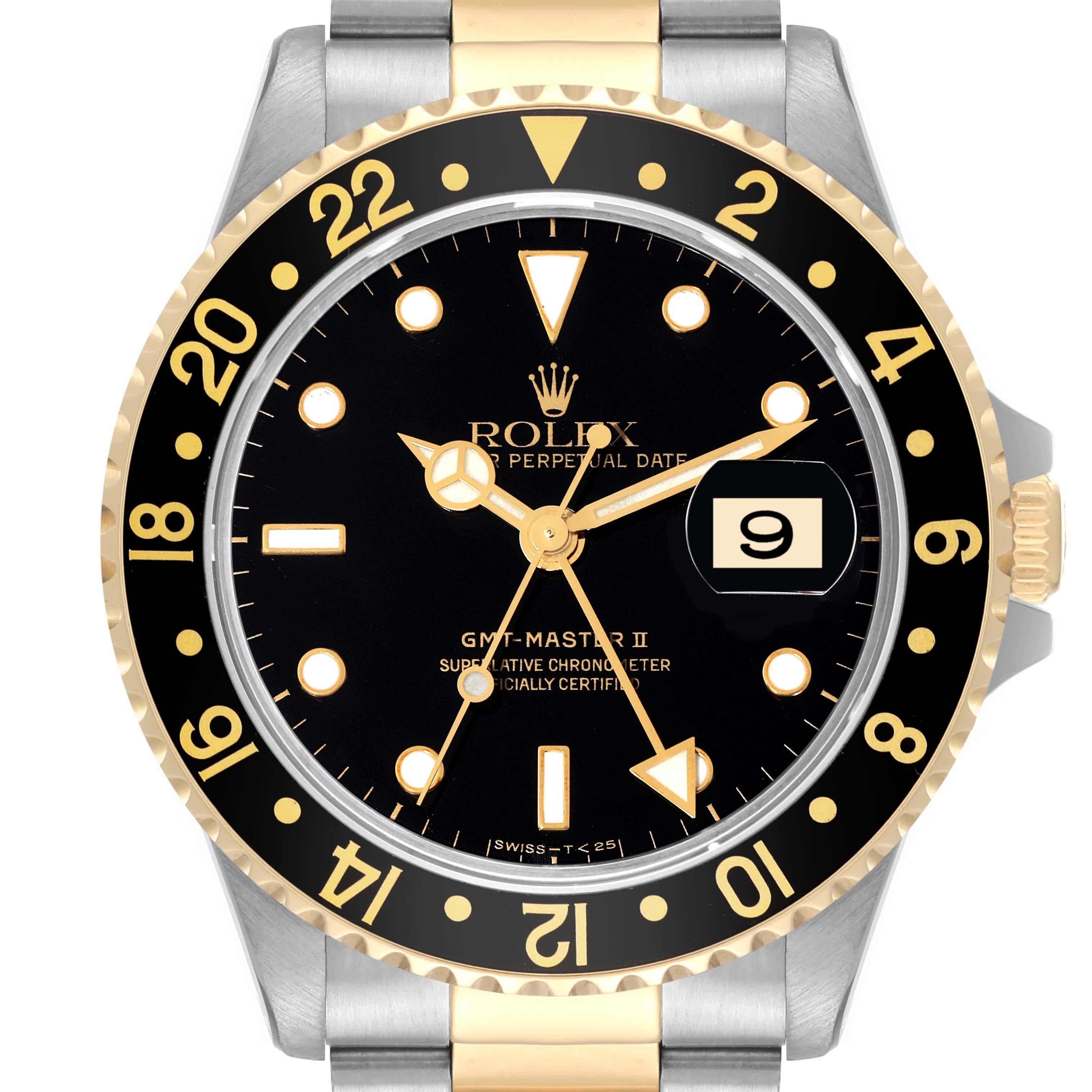 Rolex GMT Master II Yellow Gold Steel Oyster Bracelet Mens Watch 16713 For Sale