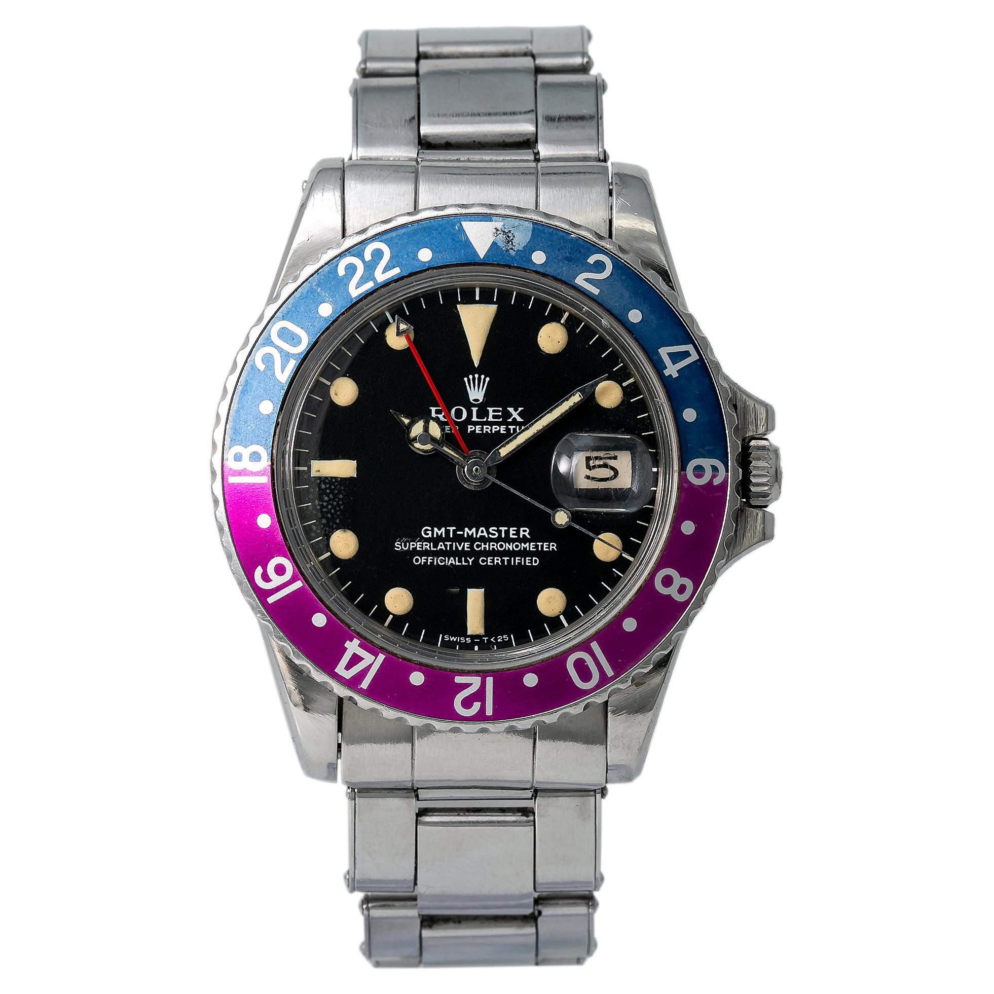 Rolex GMT Master Mark 0 Fuchsia Pepsi 1675 Men's Rare Automatic Watch Gilt Dial For Sale