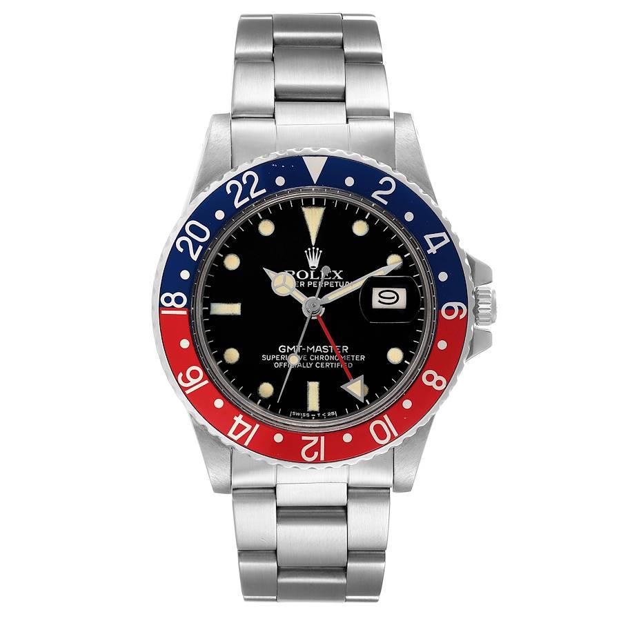 Rolex GMT Master Pepsi Bezel Vintage Matte Dial Steel Mens Watch 16750. Officially certified chronometer self-winding movement. Stainless steel case 40.0 mm in diameter. Rolex logo on a crown. Stainless steel bidirectional rotating bezel with a