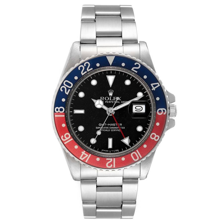 Rolex GMT Master Pepsi Bezel Vintage Steel Mens Watch 16750. Officially certified chronometer self-winding movement. Stainless steel case 40.0 mm in diameter. Rolex logo on a crown. Stainless steel bidirectional rotating bezel with a 24-hour blue