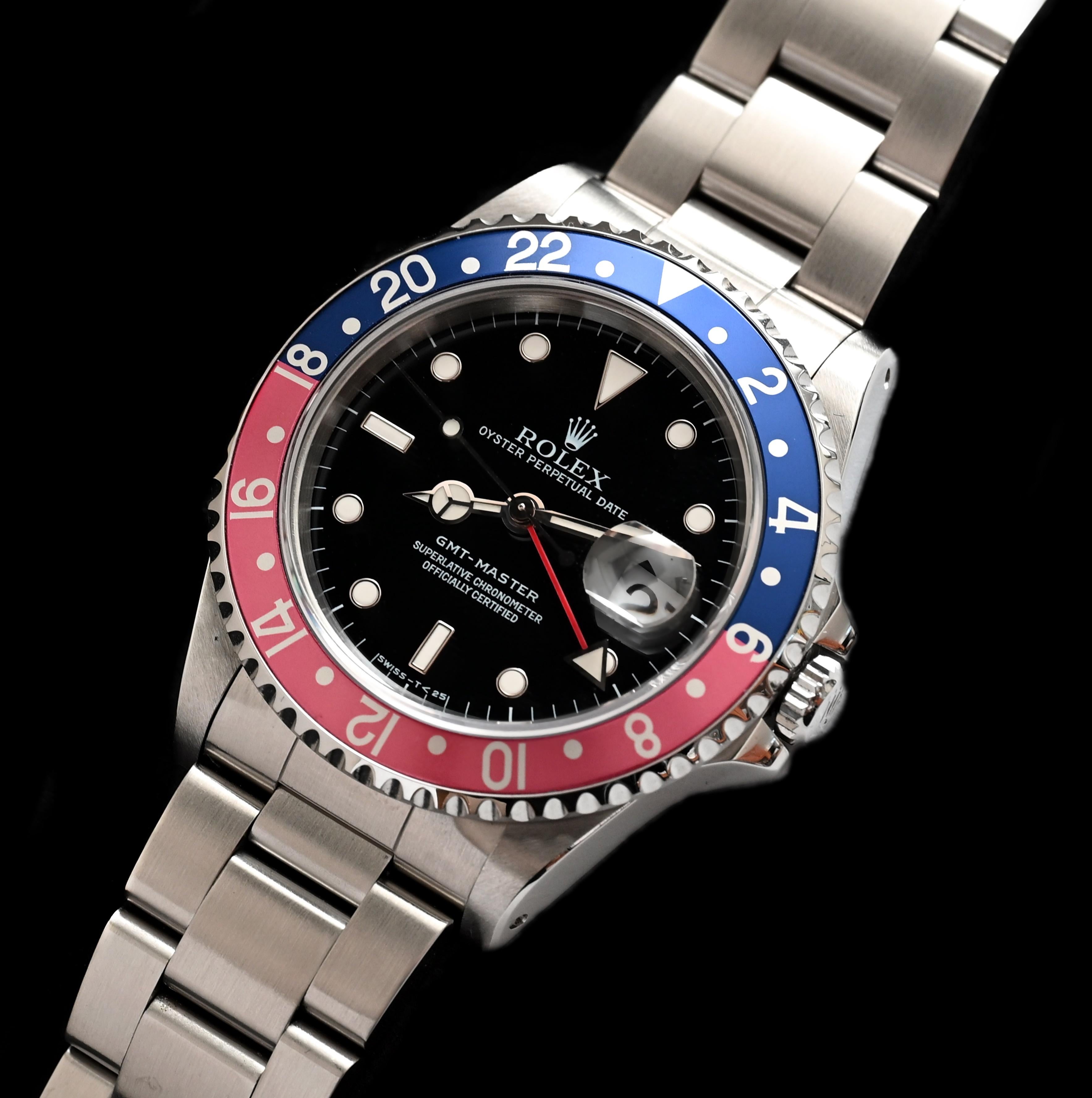 Rolex GMT-Master Pepsi Black Dial 16700 w/Paper & Tag Steel Automatic Watch 1997 In Good Condition In Central & Western District, HK