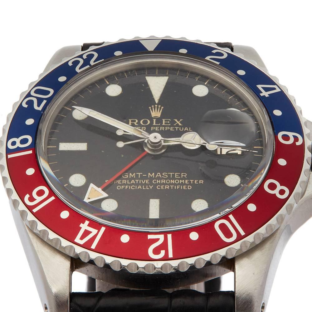 Ref: COM1570
Manufacturer: Rolex
Model: GMT-Master
Model Ref: 1675
Age: 
Gender: Mens
Complete With: Box & Purchase Receipt
Dial: Black
Glass: Plexiglass
Movement: Automatic
Water Resistance: Not Recommended for Use in Water
Case: Stainless