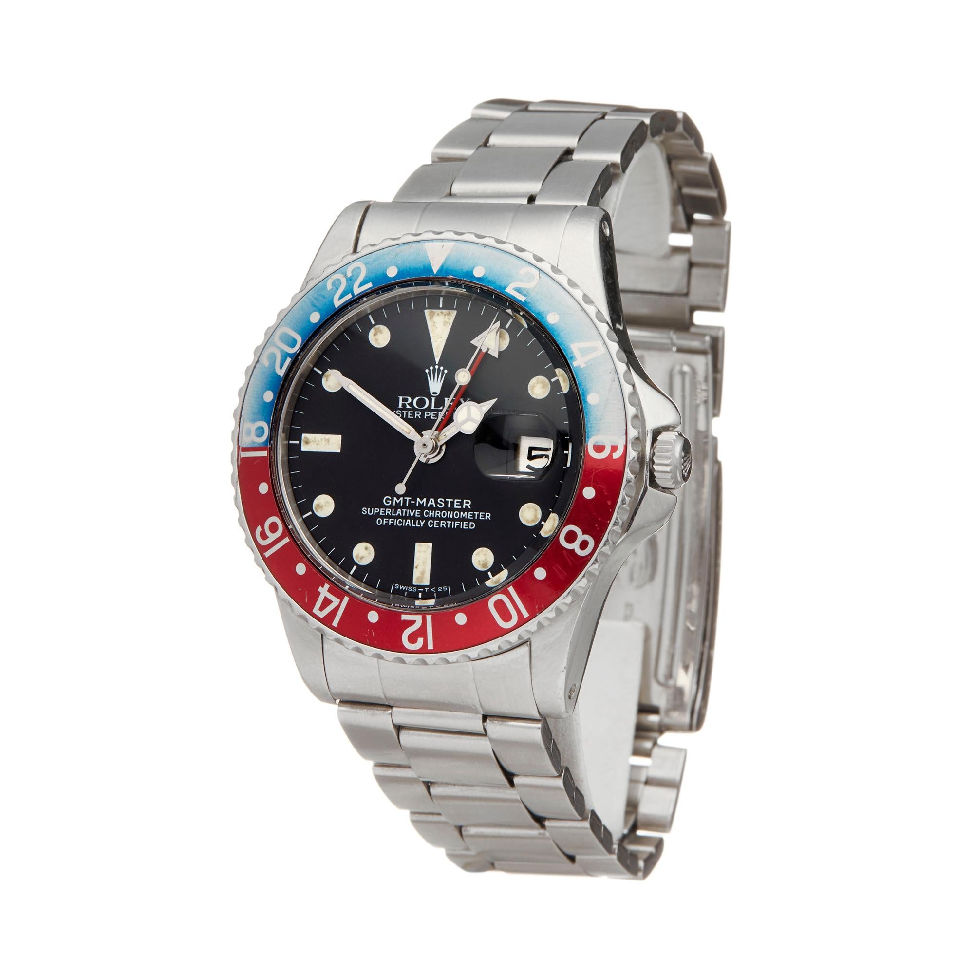 Reference: COM2109
Manufacturer: Rolex
Model: GMT-Master
Model Reference: 1675
Age: Circa 1960's
Gender: Men's
Box and Papers: Rolex Service Pouch, Service Papers and chronometer certificate
Dial: Black
Glass: Plexiglass
Movement: Automatic
Water