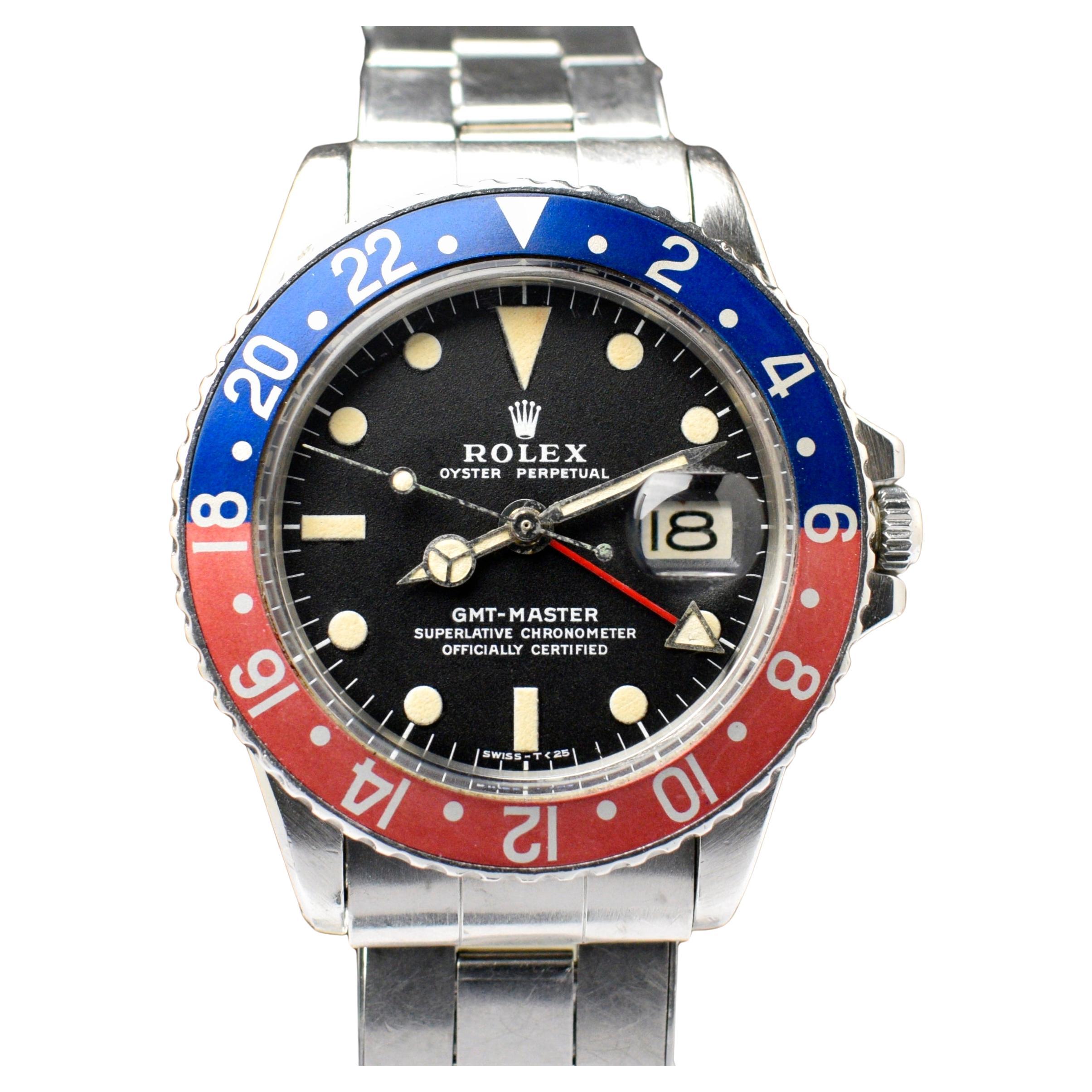 Rolex GMT-Master Pepsi Red Blue Matte Dial 1675 Steel Automatic Watch, 1971 For Sale