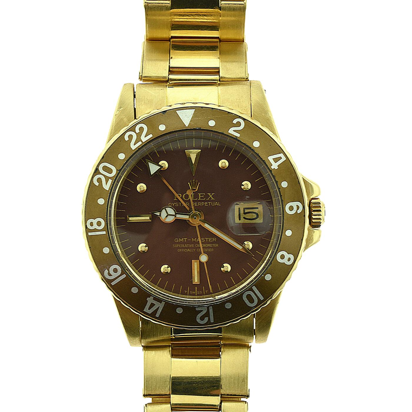 Brand: Rolex

Model Name: GMT - Master

Model Number: 1675

Movement: Self-Winding Manual Winding

Case Size: 40 mm

Case Material: 18k Yellow Gold

Dial Color: Chocolate Brown 