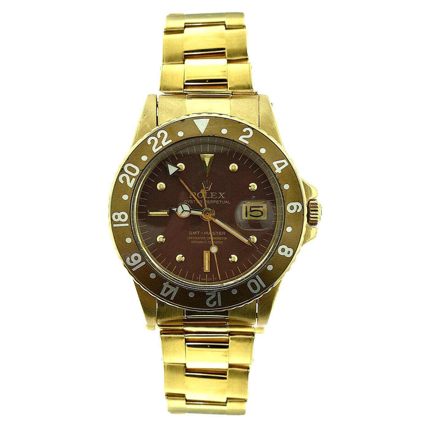 Rolex GMT-Master Ref. 1675 Chocolate Brown Nipple Dial Yellow Gold Watch, 1978