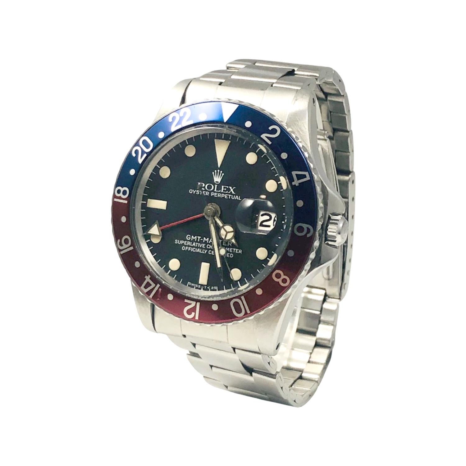 Rolex GMT-Master Ref. 1675 'Pepsi' Stainless Steel Red & Blue Bezel Watch In Good Condition For Sale In Miami, FL