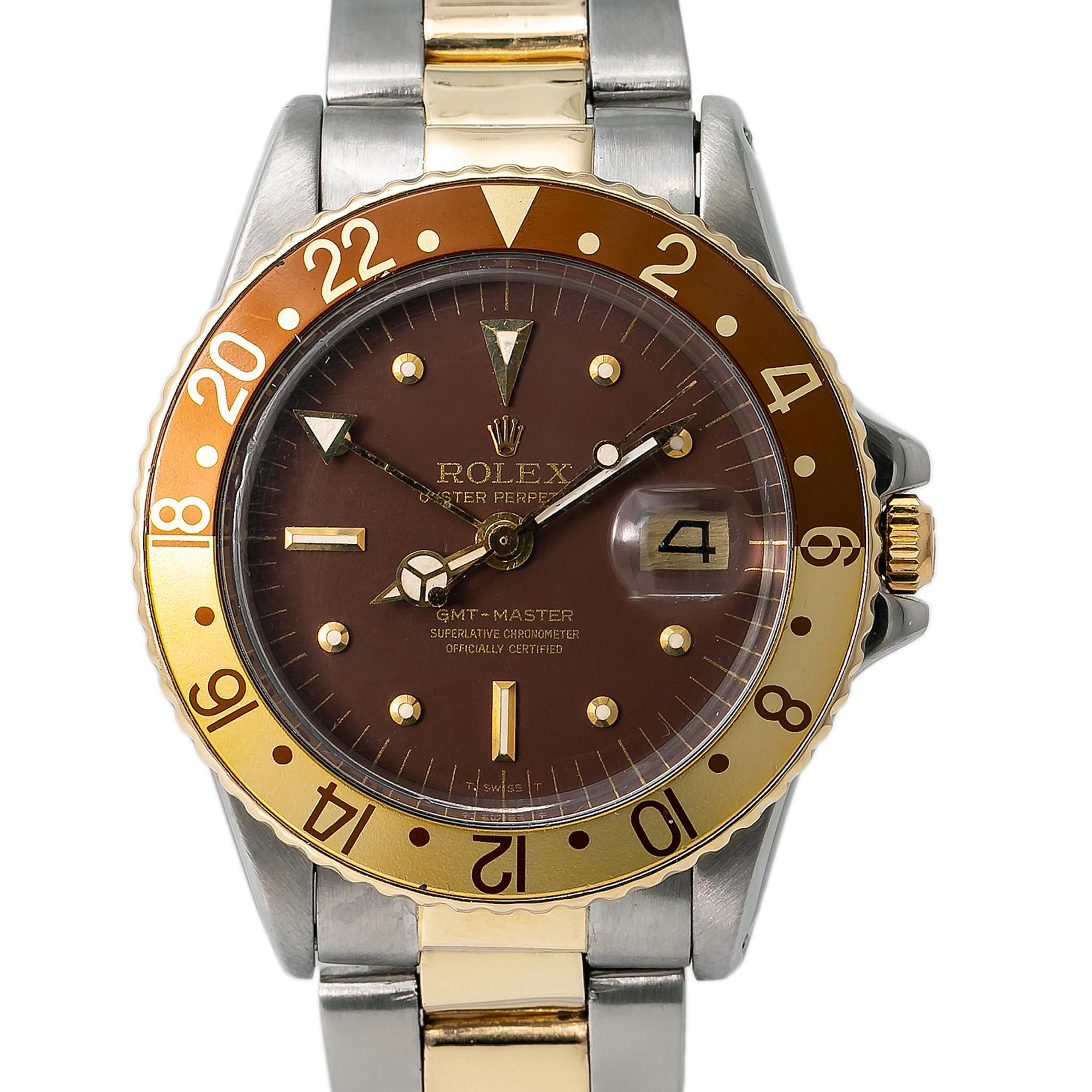 Rolex GMT-MASTER Root Beer 1675 AUTOMATIC 18K TT WATCH MATT NIPPLE DIAL W/PAPERS
