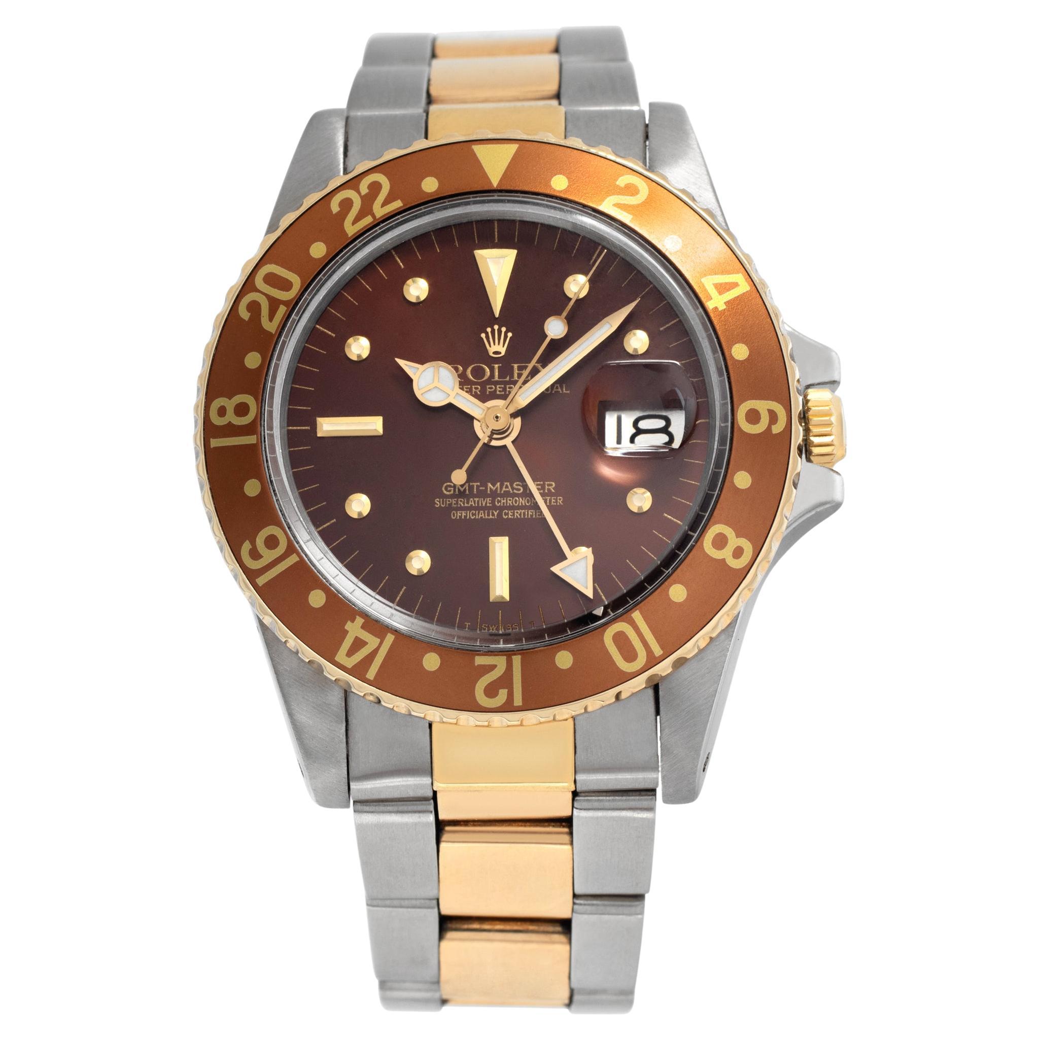 Rolex Gmt-Master "Rootbeer" 14k Gold & Stainless Steel Watch Ref 1675 For Sale