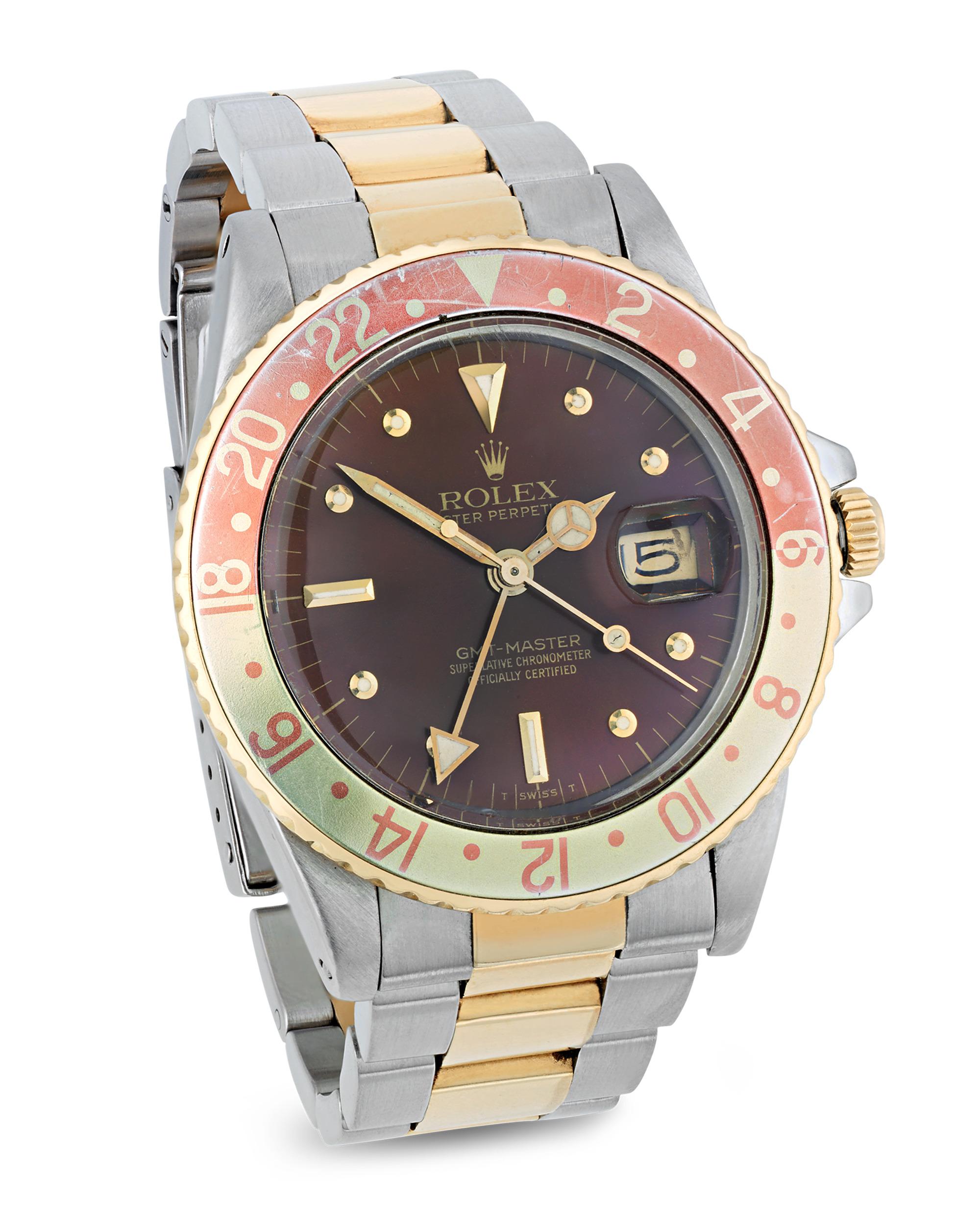 This vintage Rolex GMT-Master reference 16753 wristwatch is an iconic design from the distinguished watchmakers. Debuted in 1954 and originally made for Pan Am pilots to keep track of time zones during transatlantic flights, the watch features a