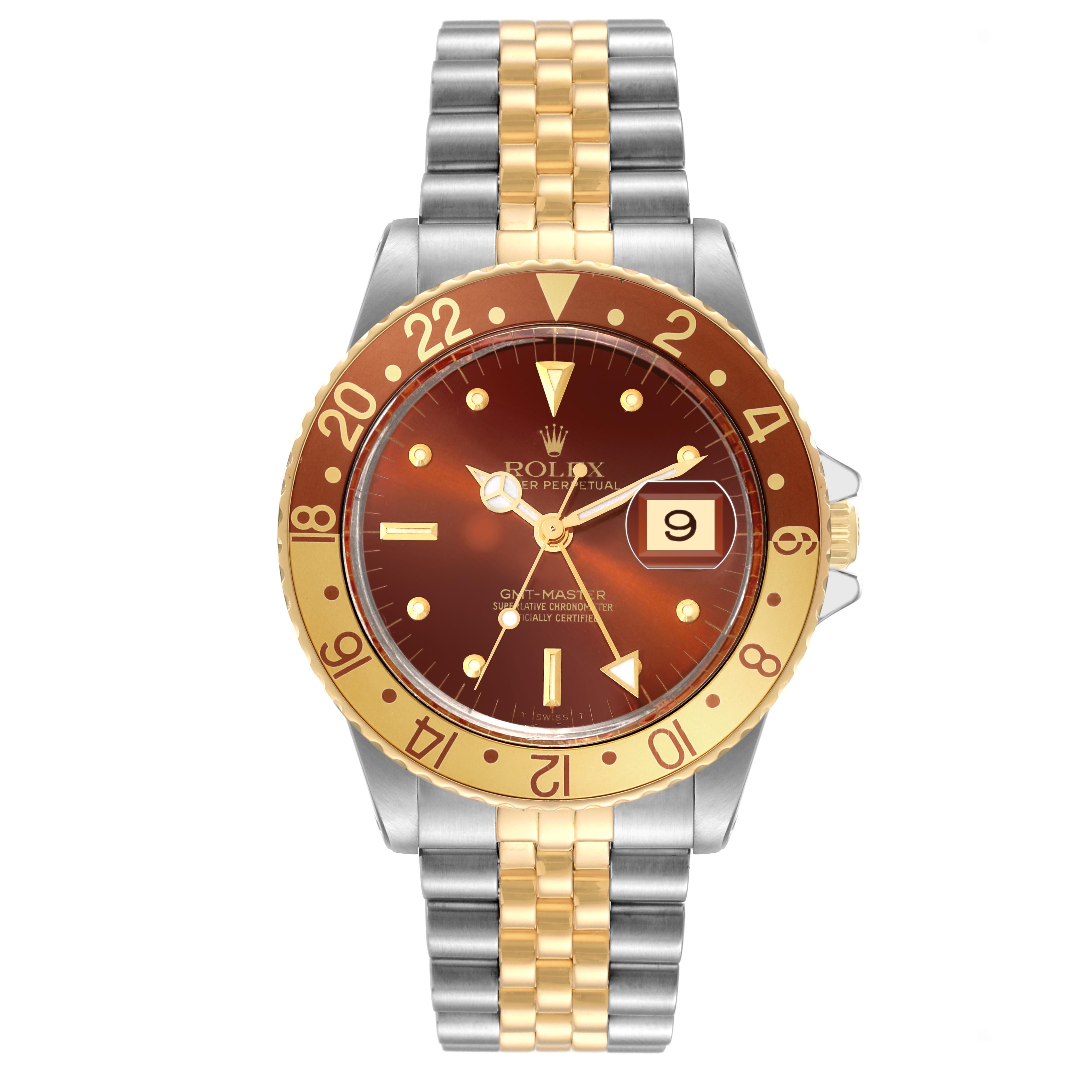 Rolex GMT Master Rootbeer Yellow Gold Steel Vintage Mens Watch 16753. Officially certified chronometer automatic self-winding movement. Stainless steel case 40 mm in diameter. Rolex logo on a crown. 18k yellow gold bidirectional rotating bezel with