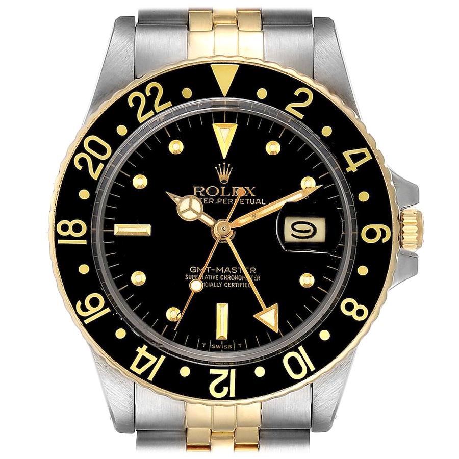 Rolex GMT Master Steel Yellow Gold Black Dial Vintage Men's Watch 16753 For Sale