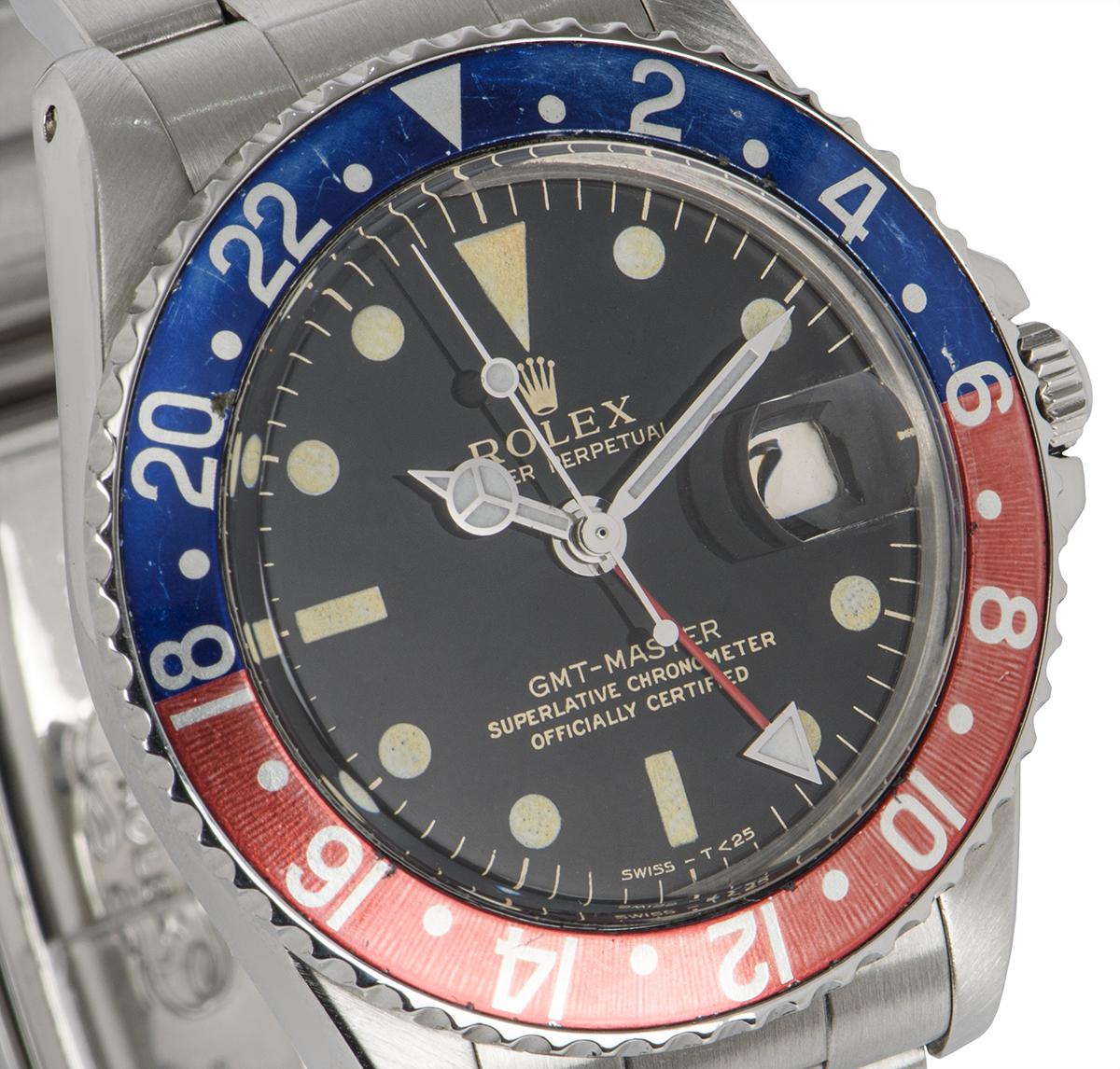 Rolex GMT-Master Vintage Schwarzes vergoldetes Zifferblatt Pepsi-Lünette spitz zulaufende Kronenschutz 1675 Herren im Angebot