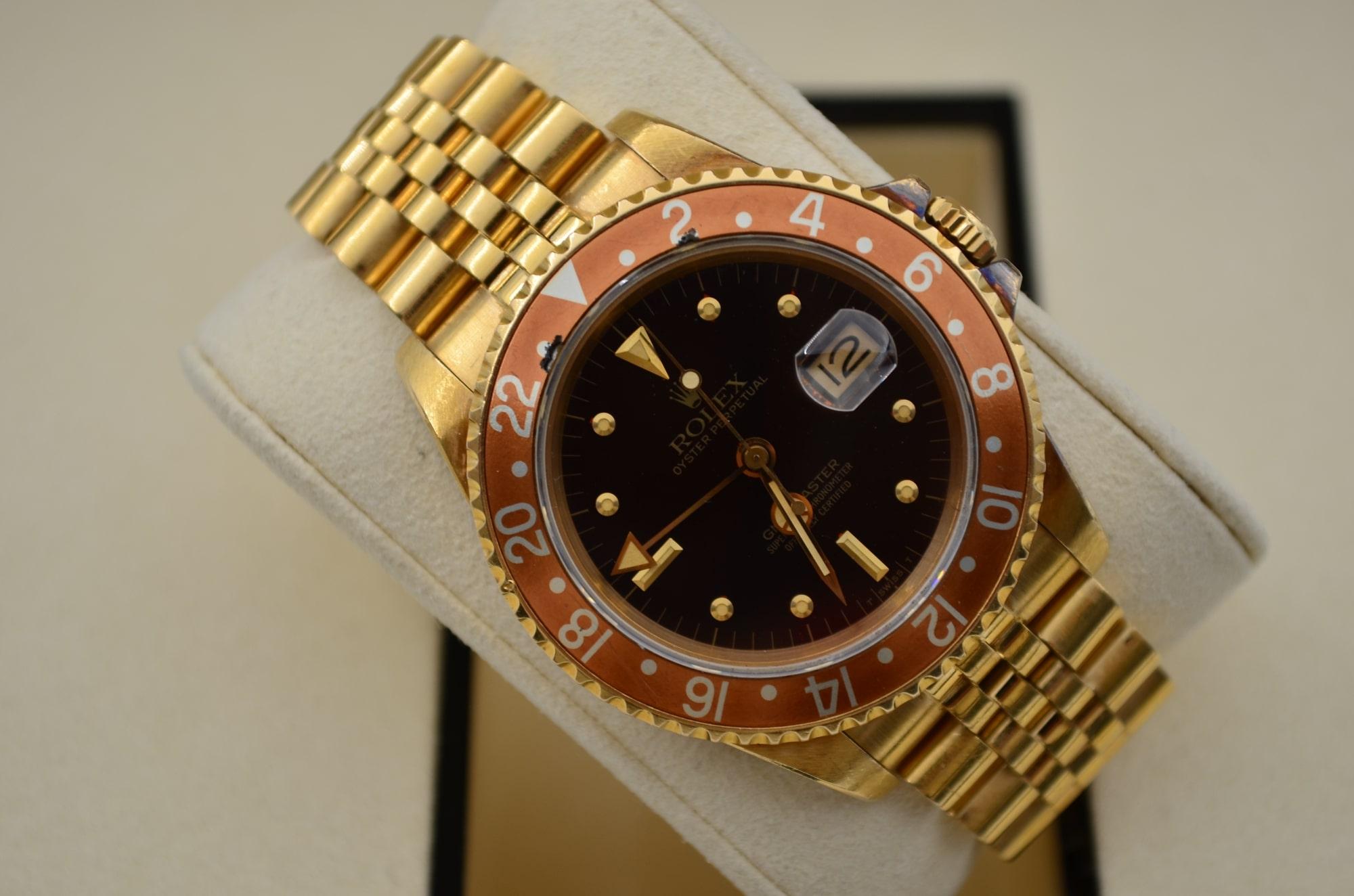 Men's Rolex GMT Master Vintage Rare Nipple Dial 40 Yellow Gold Jubilee Ref 16758 For Sale