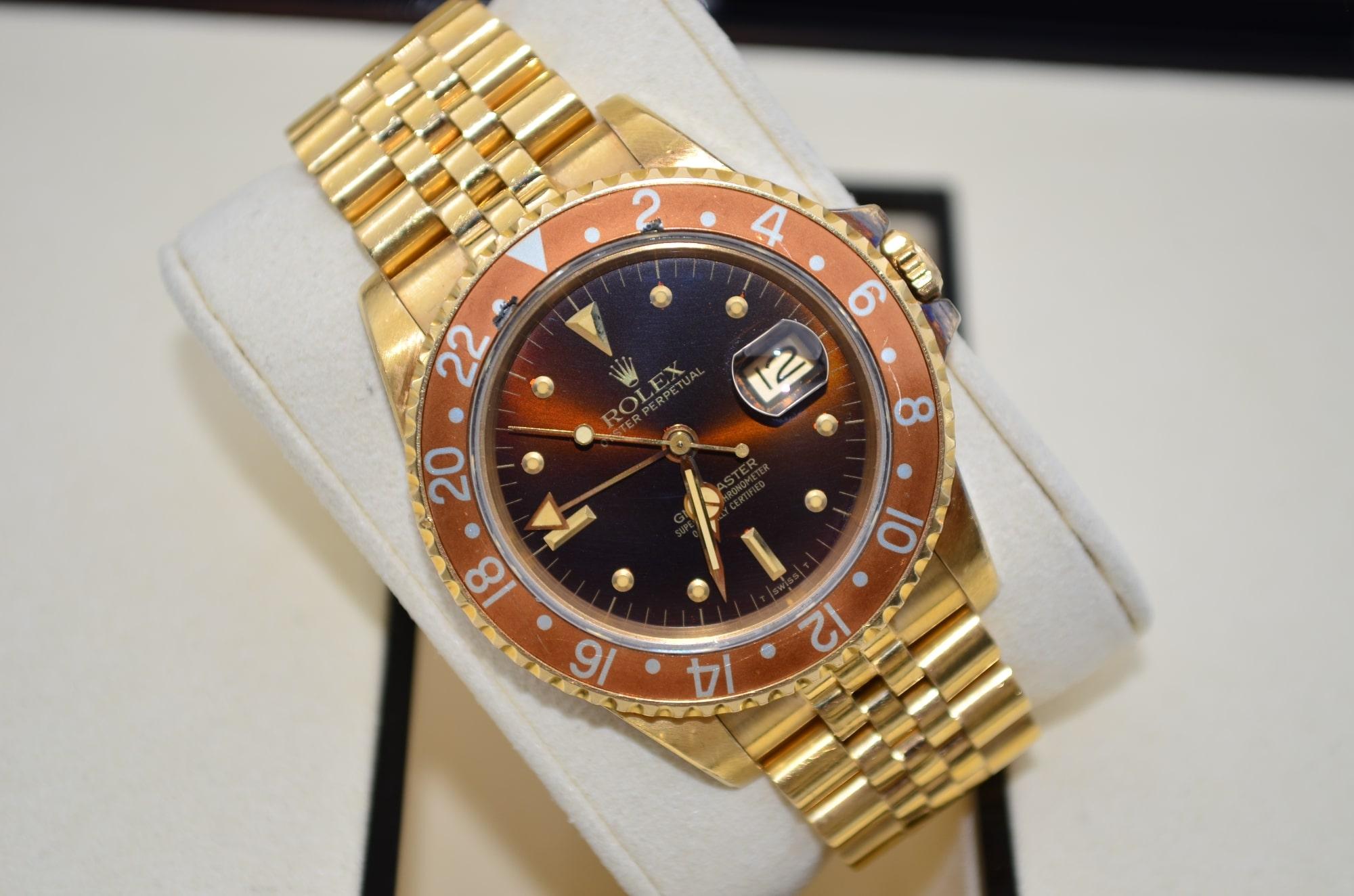 Rolex GMT Master Vintage Rare Nipple Dial 40 Yellow Gold Jubilee Ref 16758 For Sale 1