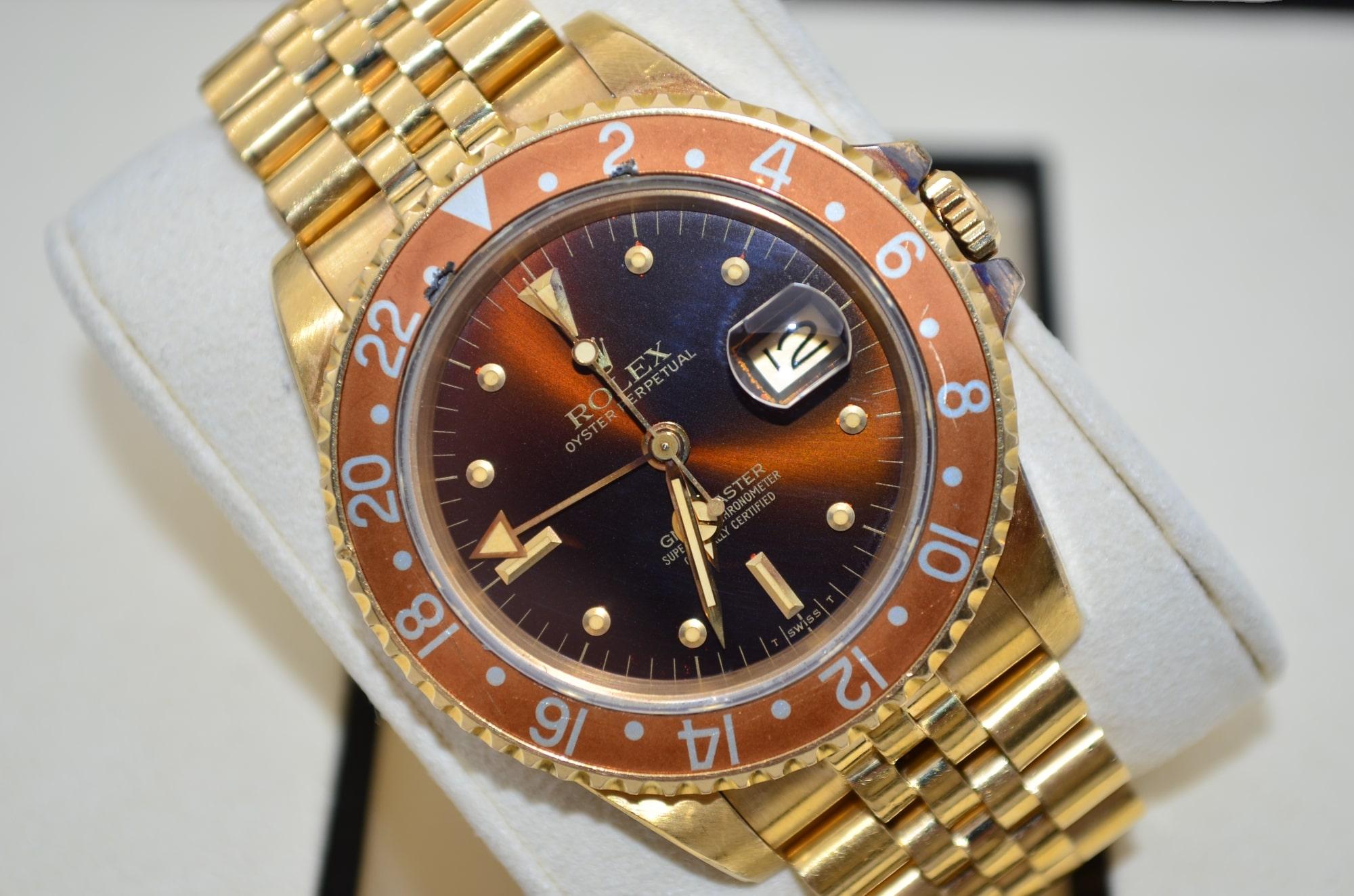Men's Rolex GMT Master Vintage Rare Nipple Dial 40 Yellow Gold Jubilee Ref 16758 For Sale