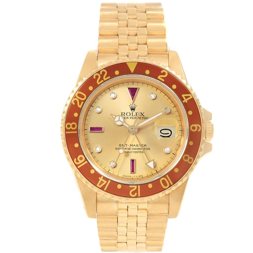 Rolex GMT Master Vintage Yellow Gold Serti Diamond Ruby Watch 16758 For  Sale at 1stDibs