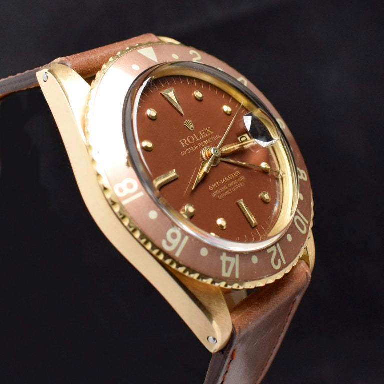 Rolex GMT-Master Yellow Gold Brown Nipple Dial 1675 No Crown Guard Watch  1963 For Sale at 1stDibs | rolex gmt brown dial, rolex brown gmt, rolex 1675  case