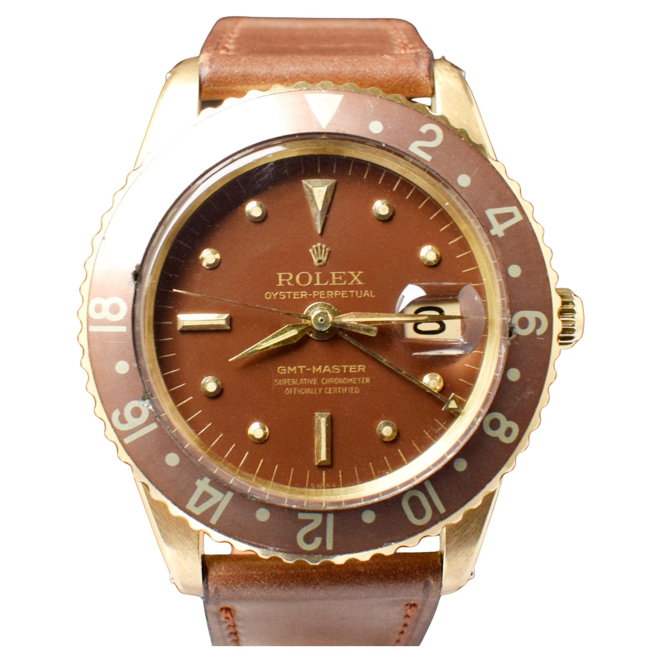 Rolex GMT-Master Yellow Gold Brown Nipple Dial 1675 No Crown Guard Watch 1963 For Sale