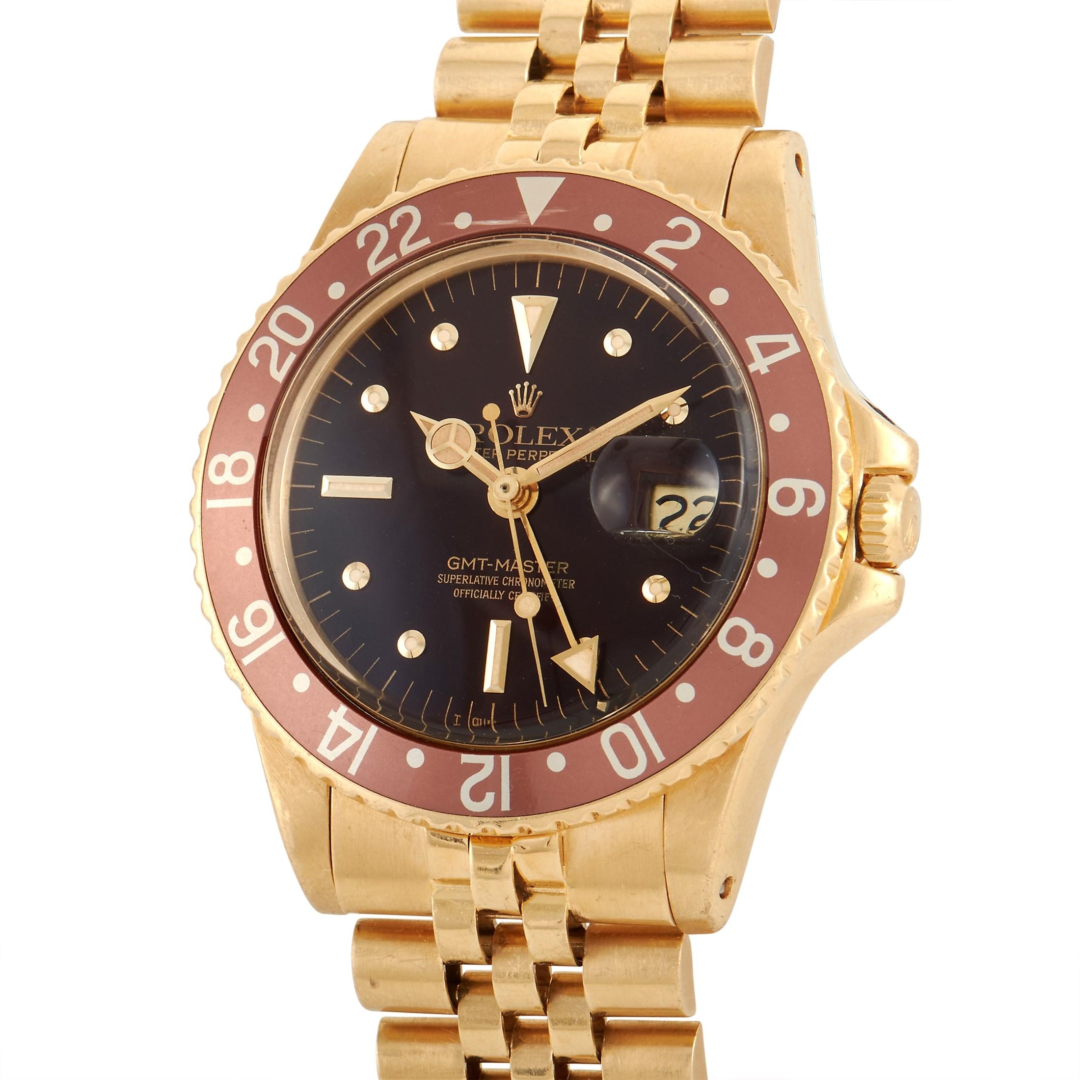 The Rolex GMT-Master Watch, reference number 1675/8, is inherently opulent. 

This dynamic design begins with a 40mm case, fluted bezel, and bracelet crafted from lustrous 18K Yellow Gold. On the brown dial, you’ll find luminous gold toned hands,