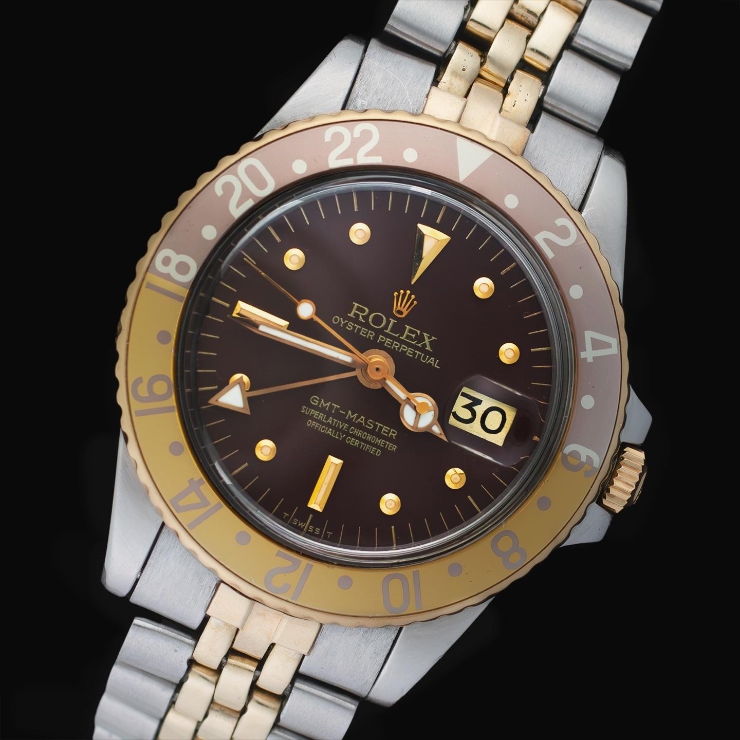 Rolex GMT-Master Yellow & Steel Brown Nipple Dial 1675 Watch w/ Papers, 1978 In Good Condition For Sale In Central & Western District, HK