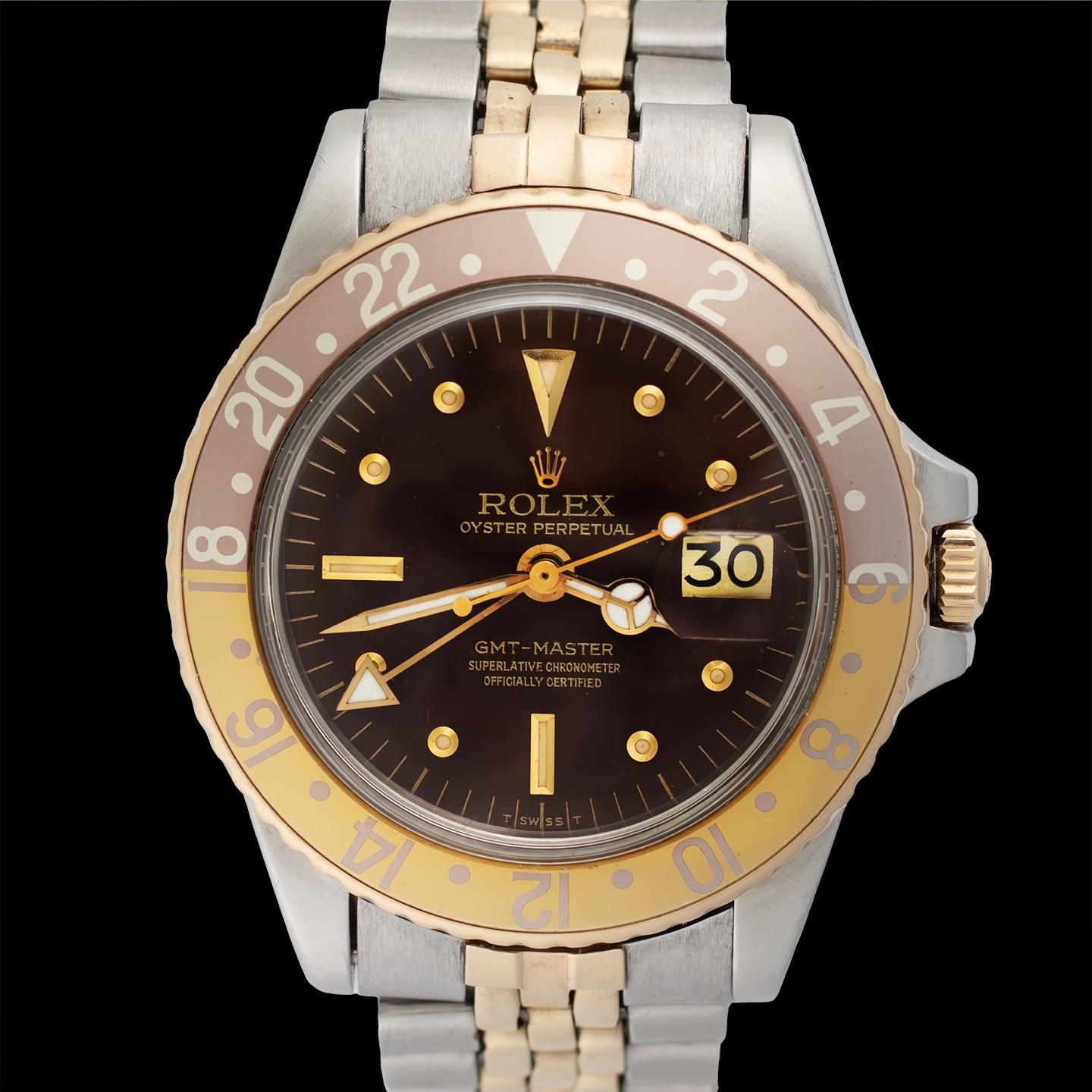 Women's or Men's Rolex GMT-Master Yellow & Steel Brown Nipple Dial 1675 Watch w/ Papers, 1978 For Sale