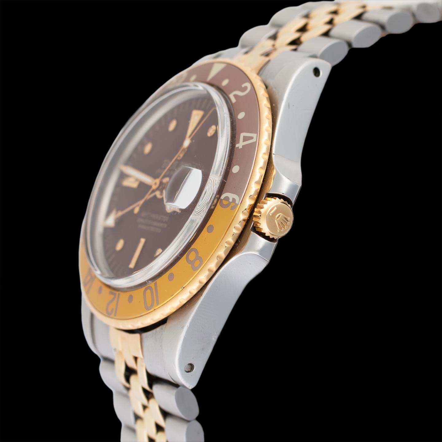 Rolex GMT-Master Yellow & Steel Brown Nipple Dial 1675 Watch w/ Papers, 1978 For Sale 1