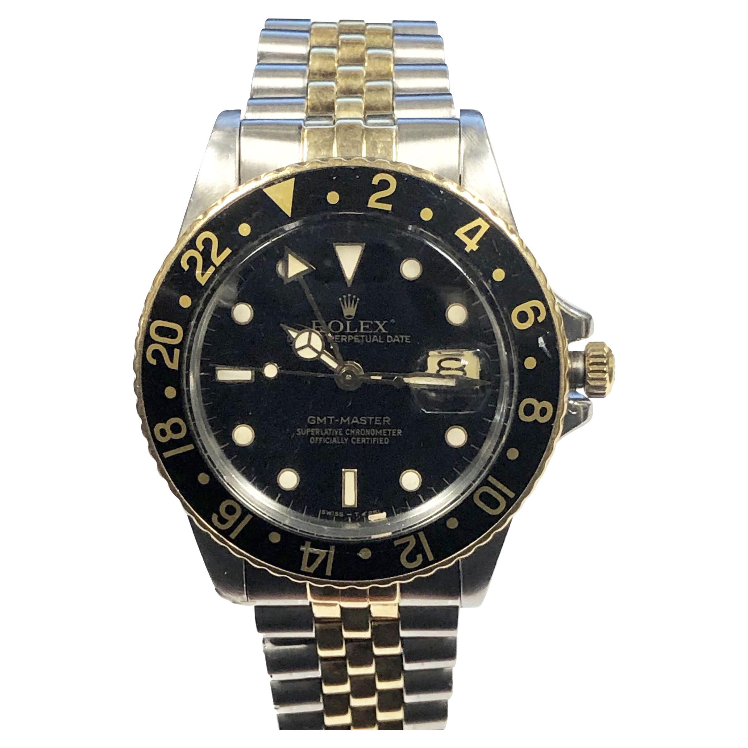 Rolex GMT Ref 16753 Vintage Gold and Steel Wrist Watch For Sale