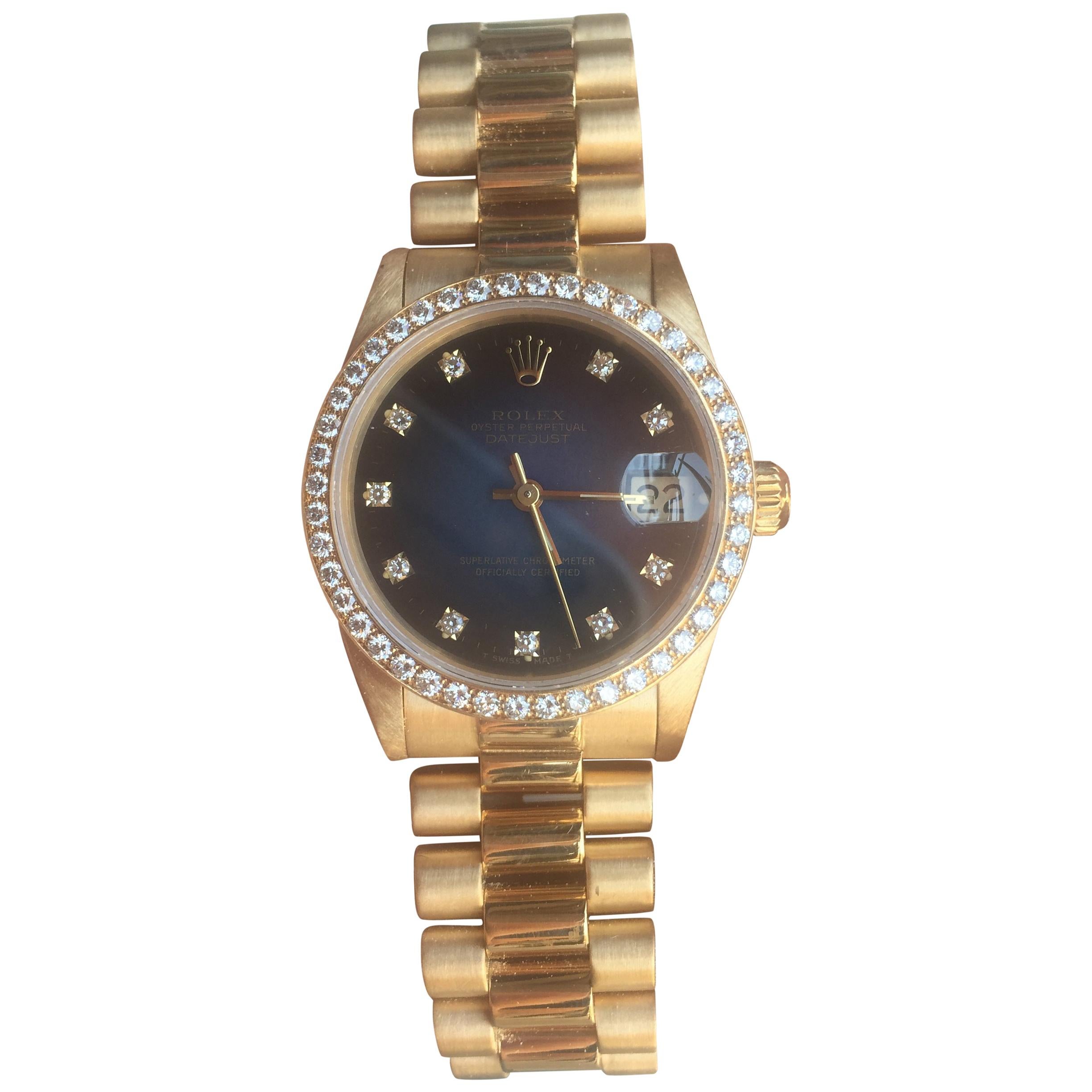 Rolex Gold Datejust Factory Diamond Dial and Bezel Model 68288 Box and Papers For Sale