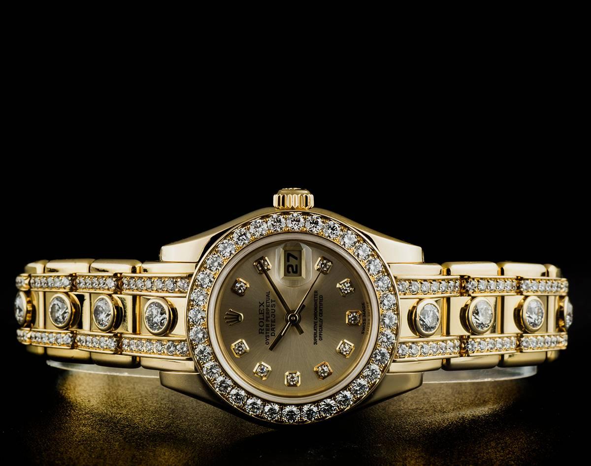 Rolex Gold Diamond Datejust Pearlmaster Super Masterpiece Big Karat Bracelet In Excellent Condition In London, GB