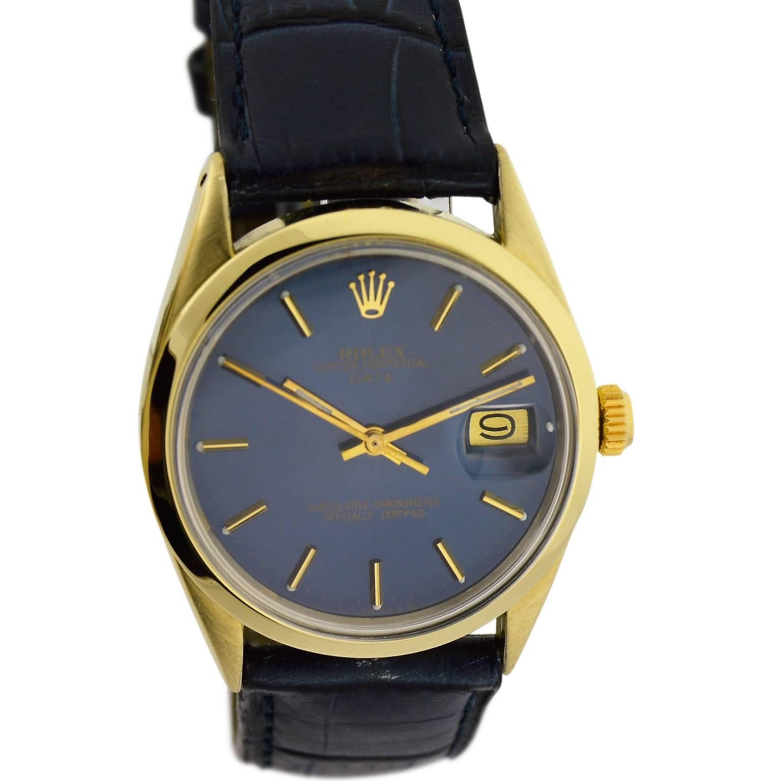 FACTORY / HOUSE: Rolex Watch Company
STYLE / REFERENCE: Oyster Perpetual Date / Ref. 1550
METAL / MATERIAL: Gold Shell
CIRCA: 1980 / 1981
DIMENSIONS: 40mm X 34mm
MOVEMENT / CALIBER: Perpetual Winding / 26 Jewels / Cal. 1570
DIAL / HANDS: Original