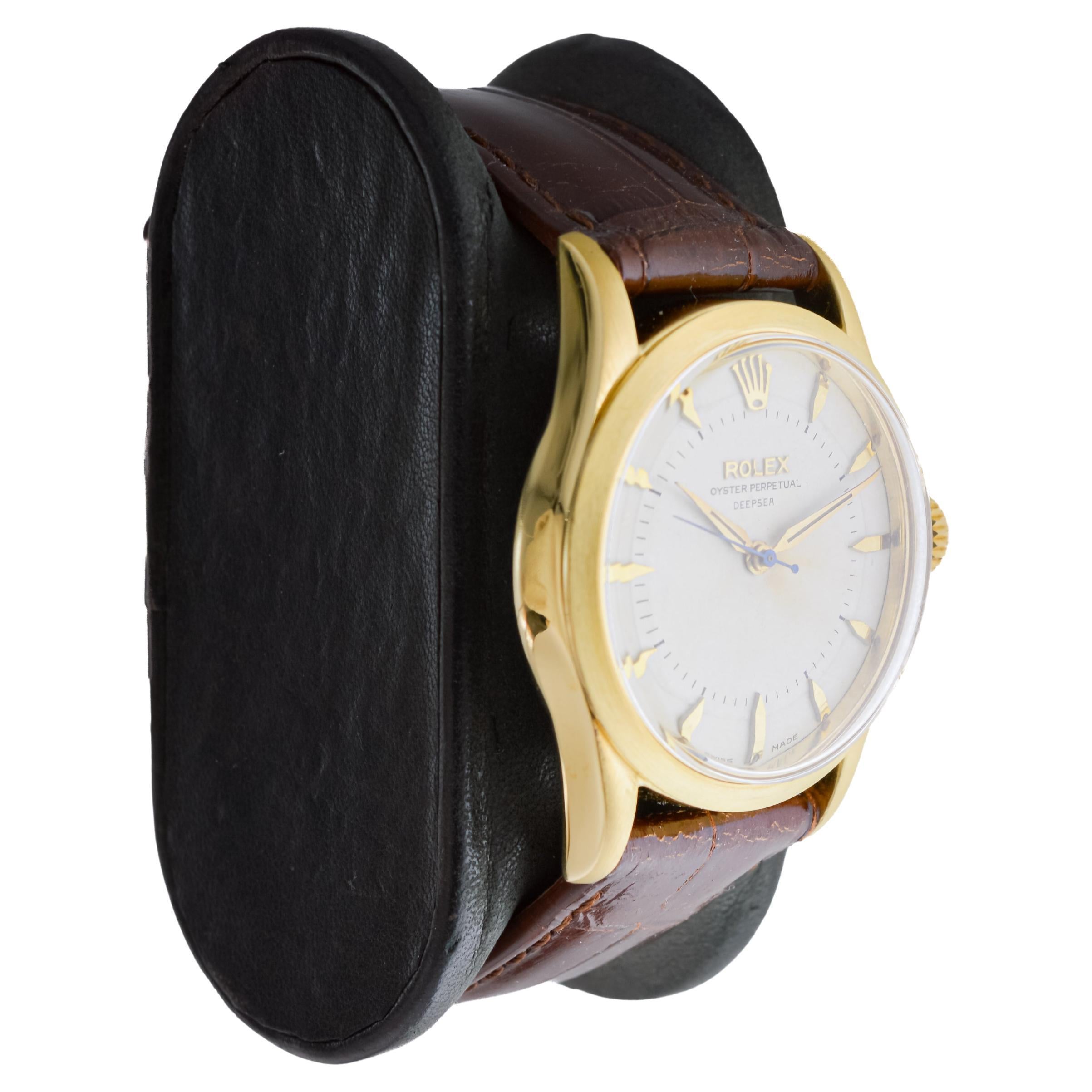 FACTORY / HOUSE: Rolex Watch Company
STYLE / REFERENCE: Oyster Perpetual / Reference 6332
METAL / MATERIAL: Gold Shell
CIRCA / YEAR: 1954 / 55
DIMENSIONS / SIZE: Length 41mm X Diameter 33mm
MOVEMENT / CALIBER: Perpetual Winding / Jewels / Caliber
