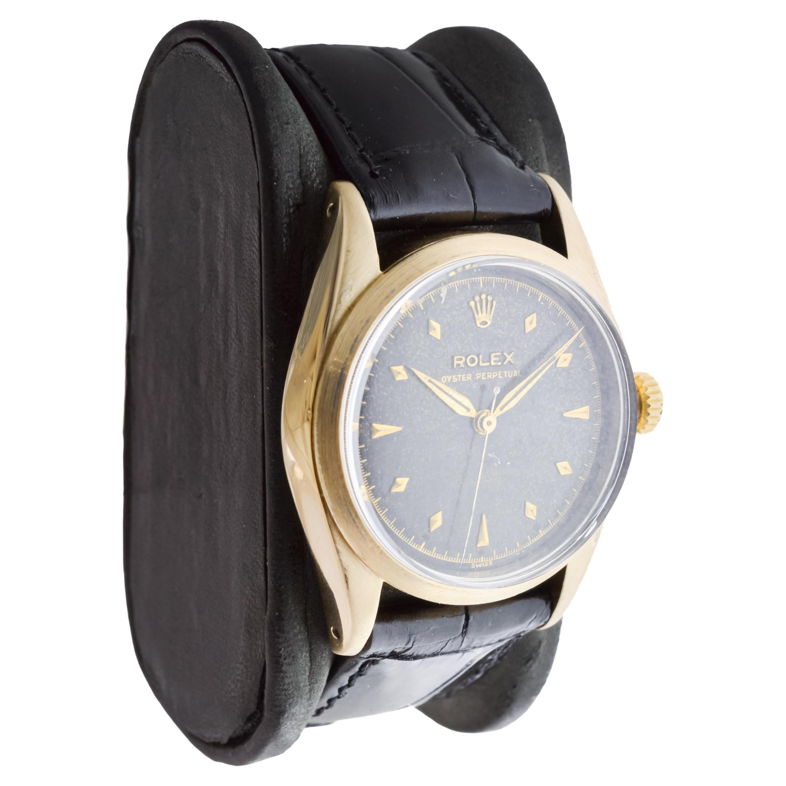 FACTORY / HOUSE: Rolex Watch Company
STYLE / REFERENCE: Oyster Perpetual / Reference 6334
METAL / MATERIAL: Gold Shell
CIRCA / YEAR: 1953
DIMENSIONS / SIZE: Length 42mm X Diameter 34mm
MOVEMENT / CALIBER: Perpetual Winding / 18 Jewels / Caliber