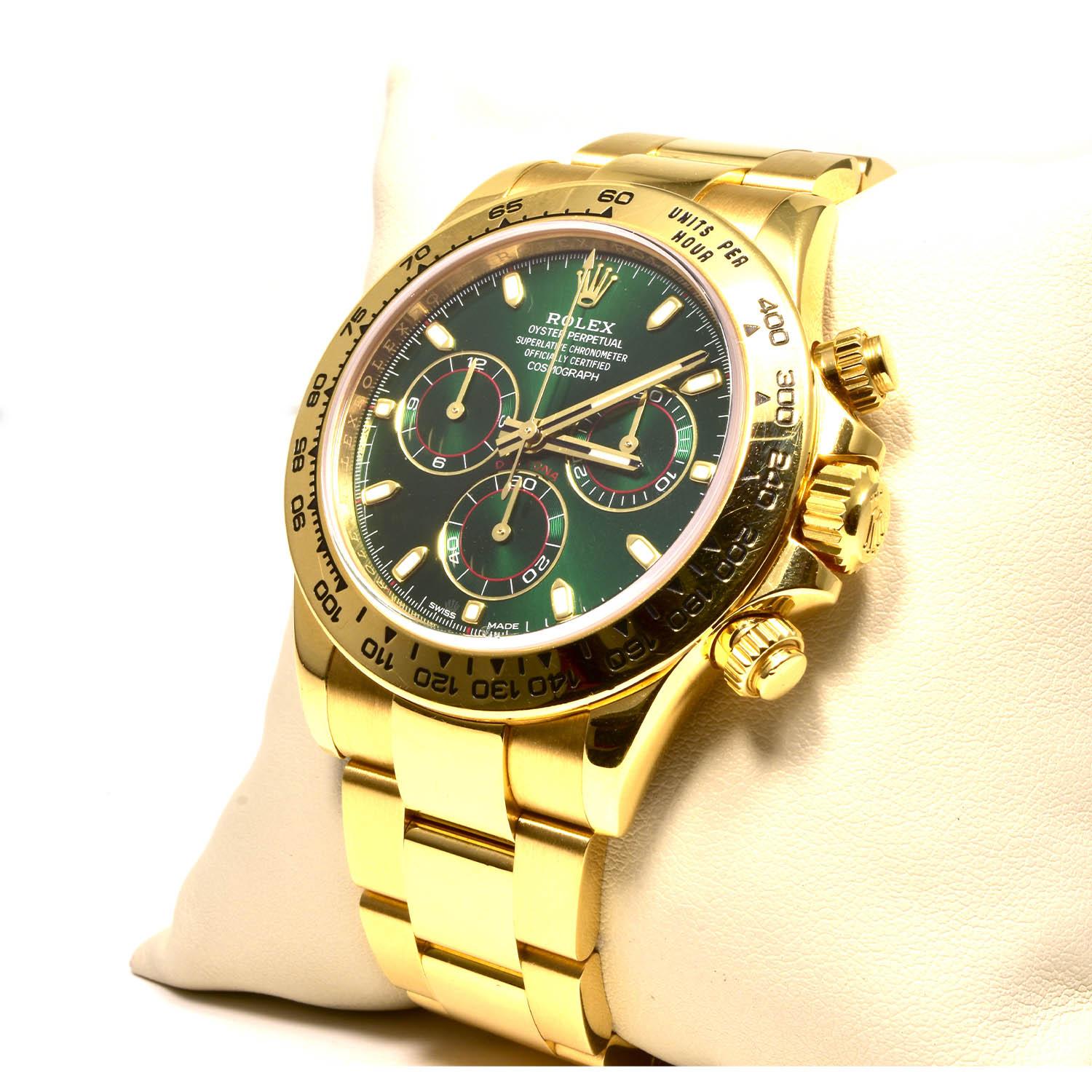 Brand: Rolex
Model: Daytona
Metal: Yellow Gold
Metal Purity: 18k
Dial: Green
Case: 40mm Yellow Gold
Bracelet: Yellow Gold Jubilee
Movement: Automatic
Accessories:
24 month Brilliance Jewels warranty
Rolex Box
Beautiful Rolex Daytona is the watch to