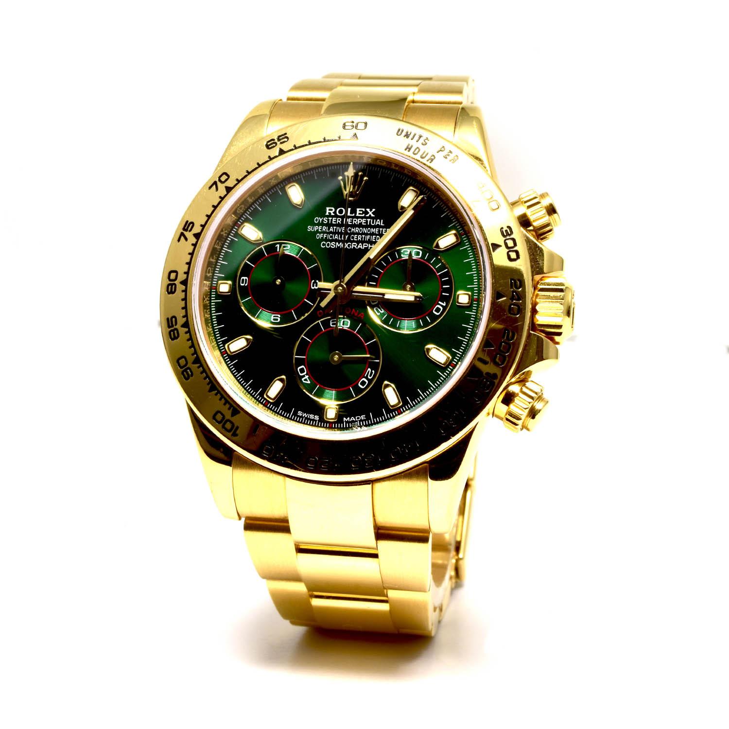 Rolex Green Daytona 116508 in Gold auf Oyster Bracelet Original grünes  Zifferblatt bei 1stDibs