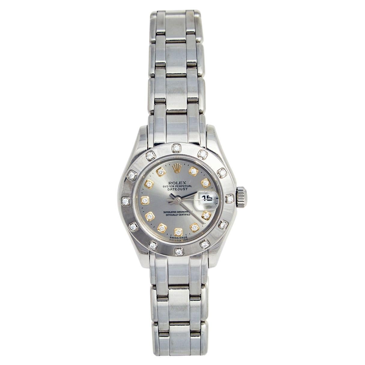 Rolex Grey Diamond 18k White Gold Datejust Pearlmaster Women's Wristwatch 29 mm