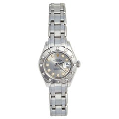 Retro Rolex Grey Diamond 18k White Gold Datejust Pearlmaster Women's Wristwatch 29 mm