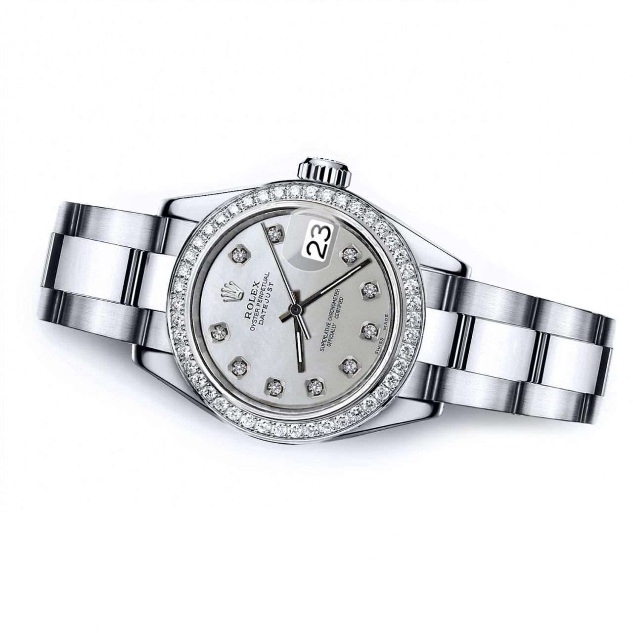 Round Cut Rolex Grey Pearl Datejust Stainless Steel Oyster Bracelet & Diamond Bezel Watch For Sale