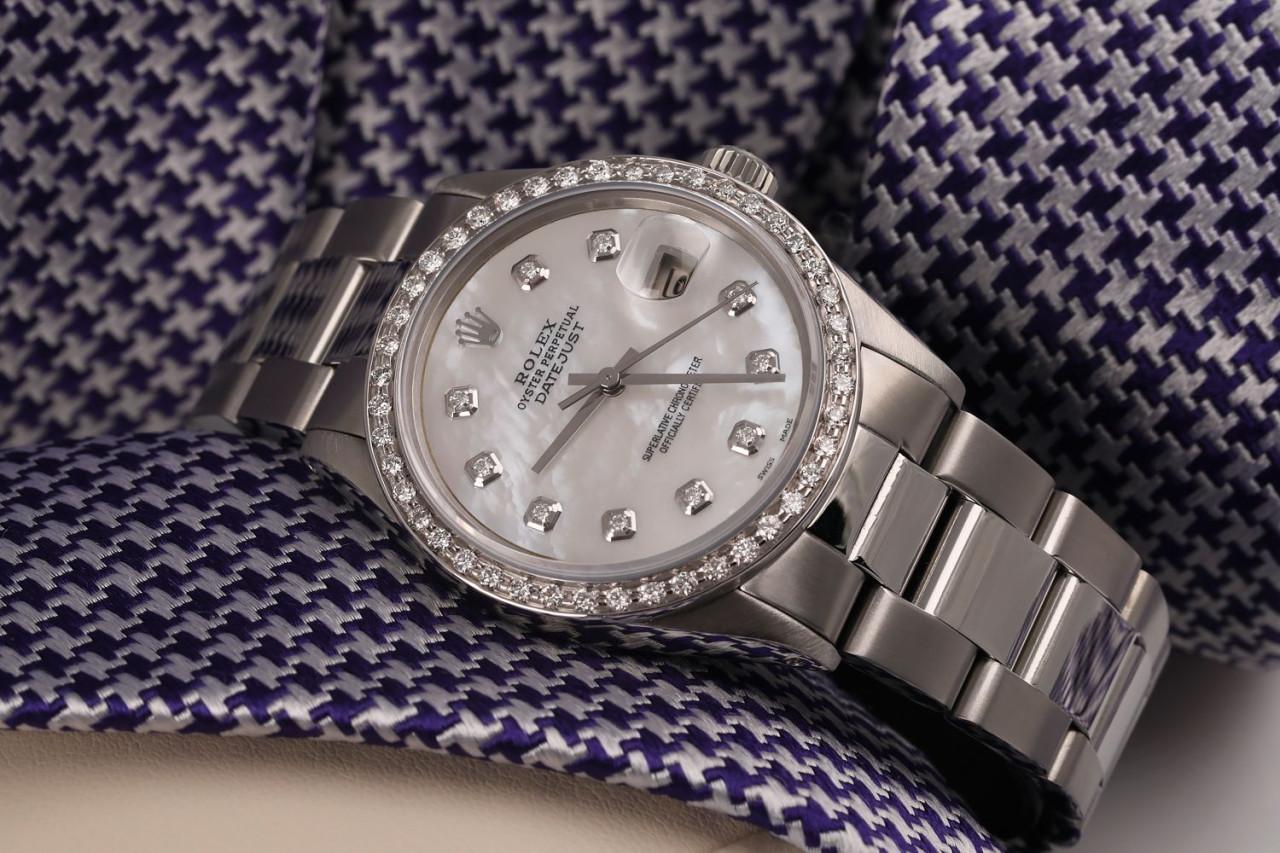 Rolex Grey Pearl Datejust Stainless Steel Oyster Bracelet & Diamond Bezel Watch In Excellent Condition For Sale In New York, NY