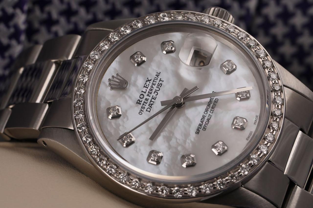 Men's Rolex Grey Pearl Datejust Stainless Steel Oyster Bracelet & Diamond Bezel Watch For Sale