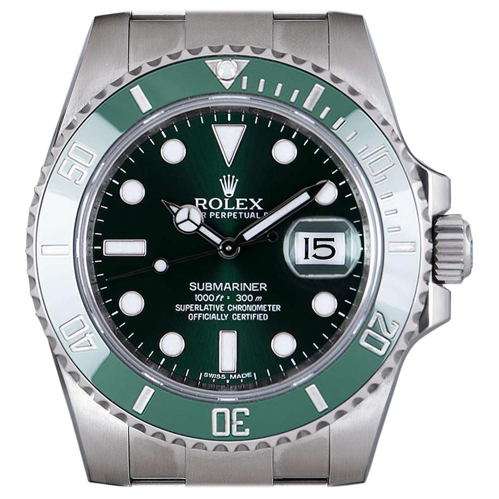 Rolex Hulk Submariner Date Stainless Steel Green Dial Ceramic Bezel B&P 116610LV at 1stDibs