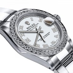 Rolex Ivory Roman Datejust Stainless Steel Oyster Diamond Bezel Watch 69160