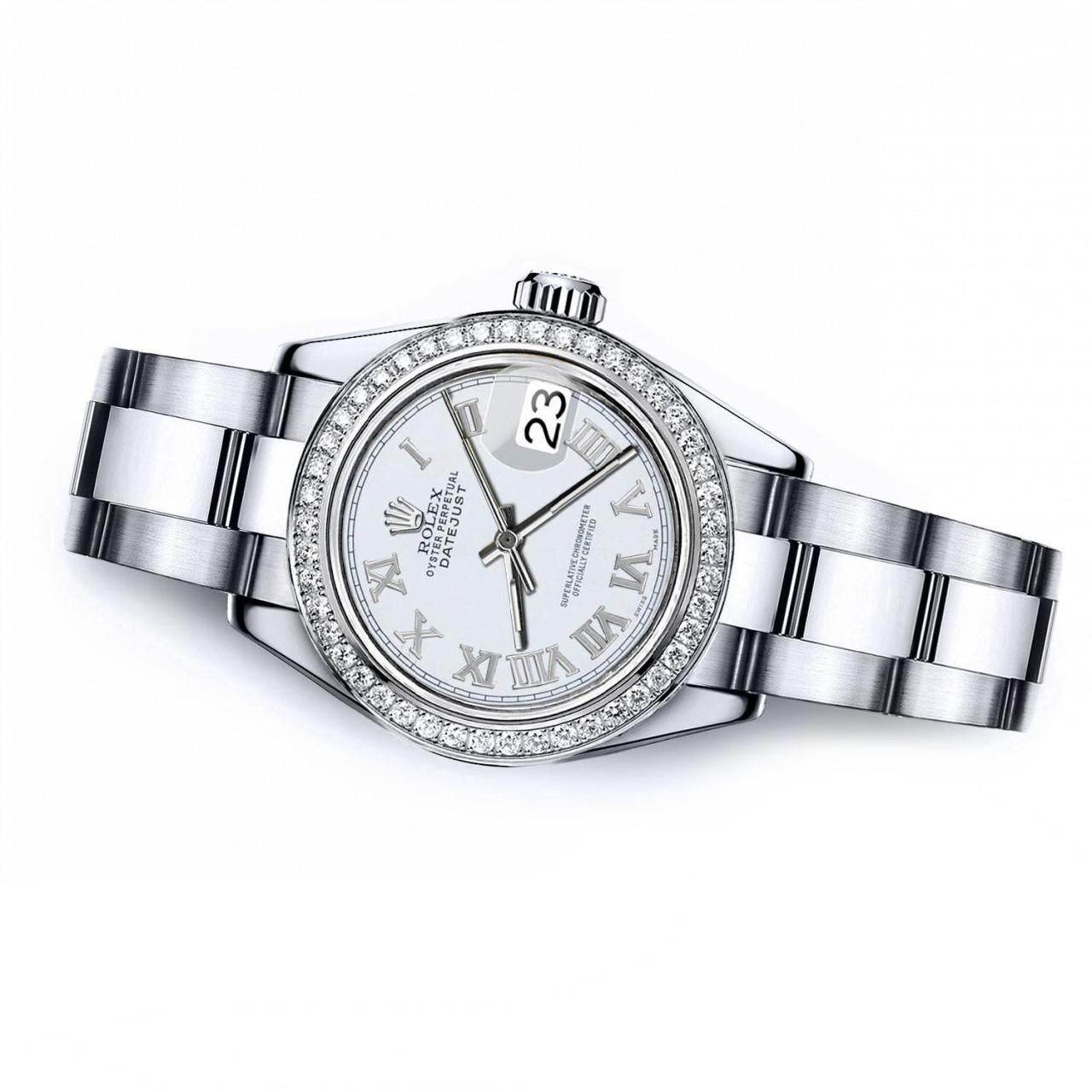 Round Cut Rolex Ivory Roman Datejust Stainless Steel Oyster Diamond Bezel Watch 69160 For Sale