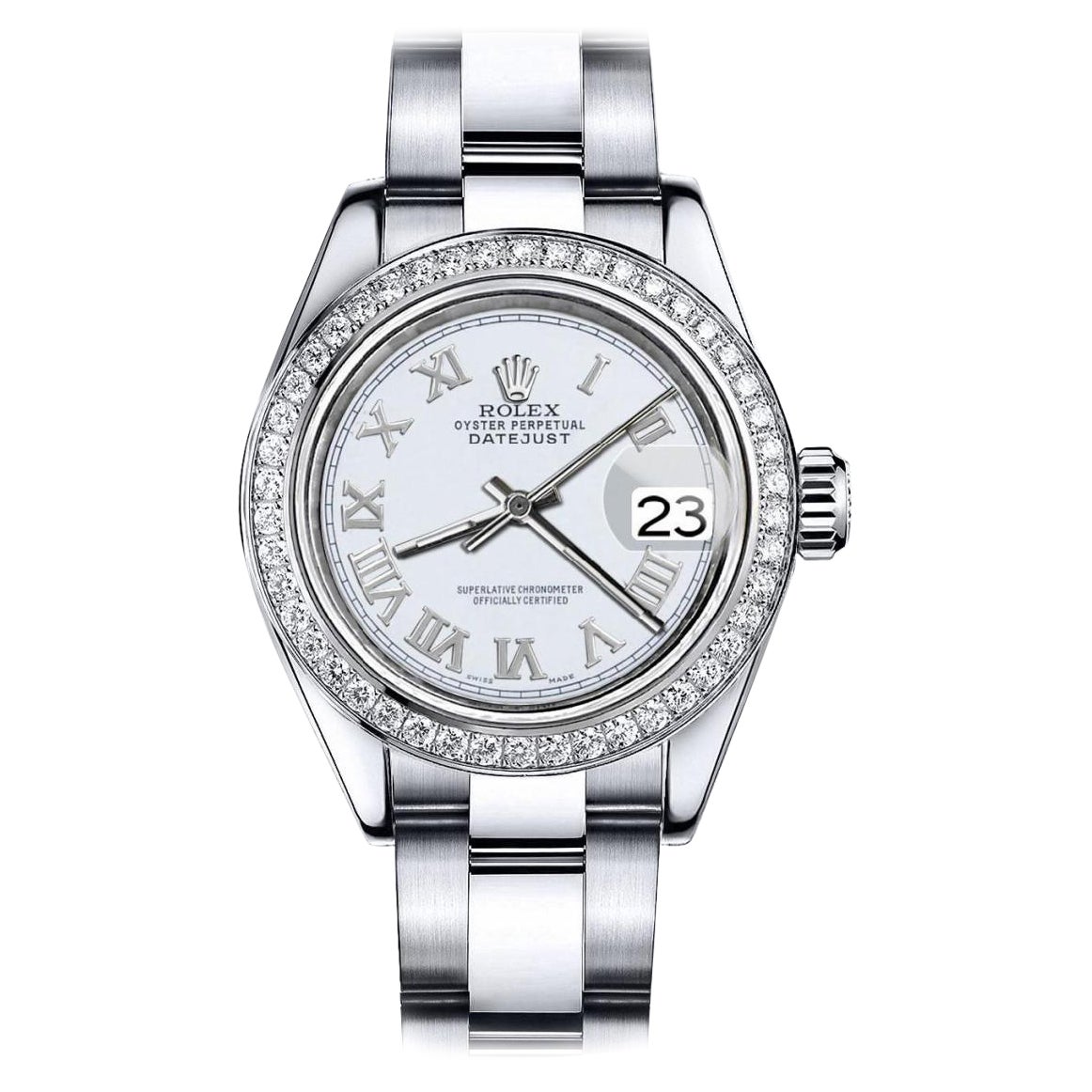 Elfenbeinfarbene römische Datejust Edelstahl Oyster-Diamant-Lünette 69160