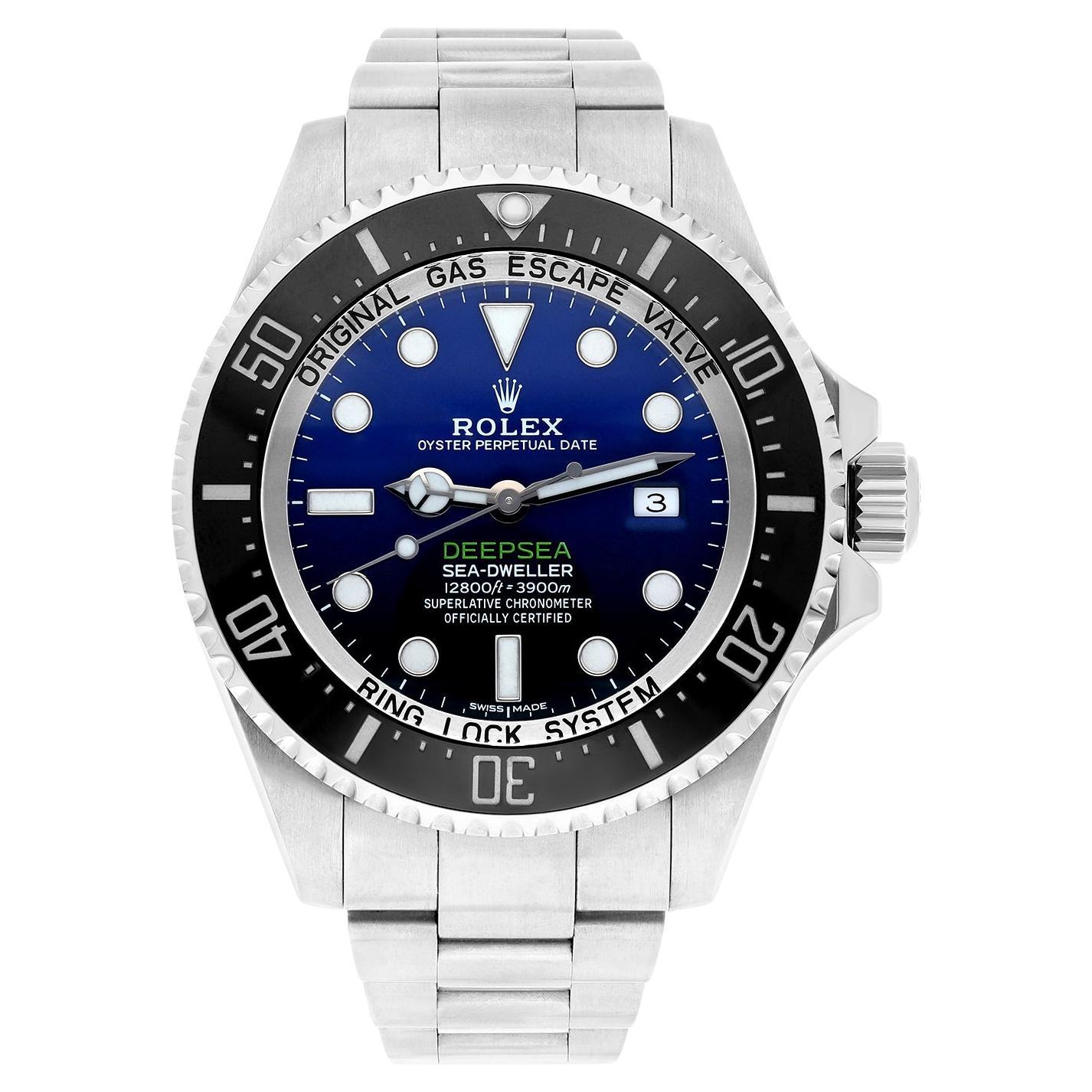 Silver-tone stainless steel case with a silver-tone stainless steel oyster bracelet. Uni-directional rotating black cerachrom top ring stainless steel bezel. Deep blue dial with luminous silver-tone Mercedes-logo, sword, and Breguet-style shape